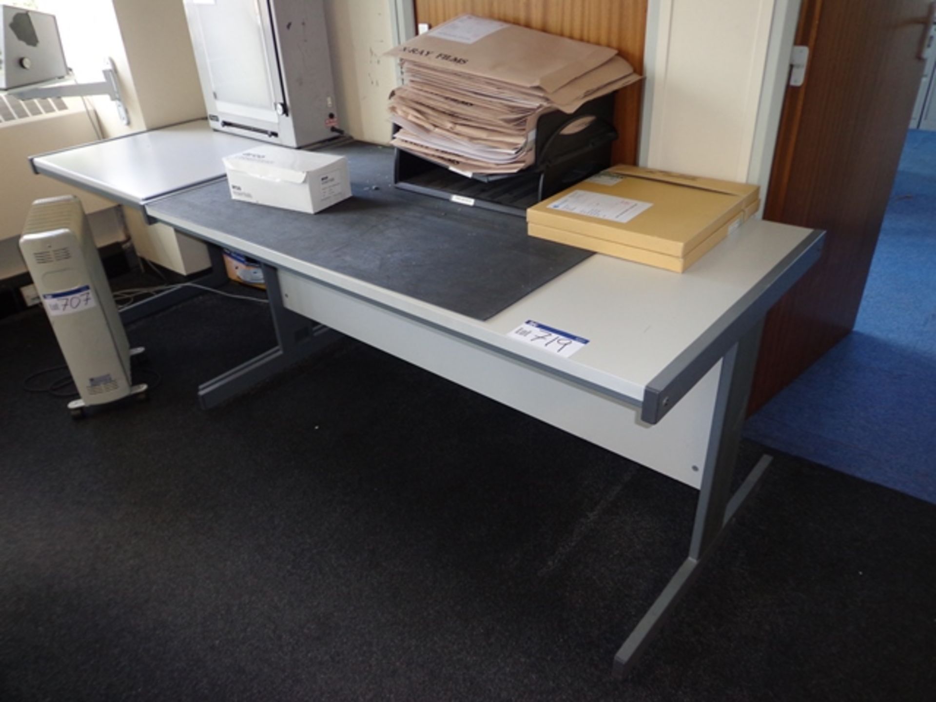 One Grey Melamine Desk and One Small Cantilever Desk