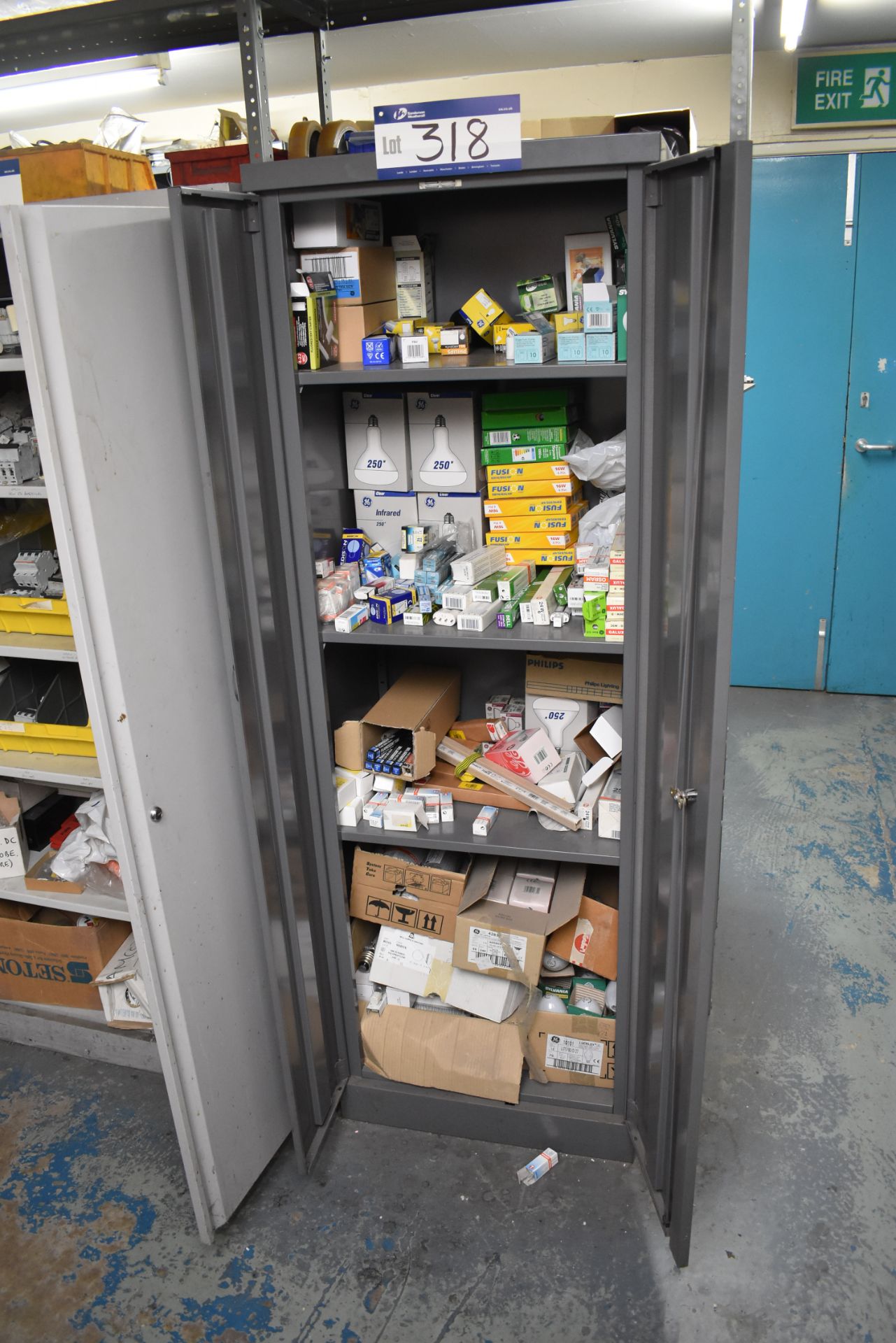 Metal Double Door Cupboard and Contents of Light Bulbs