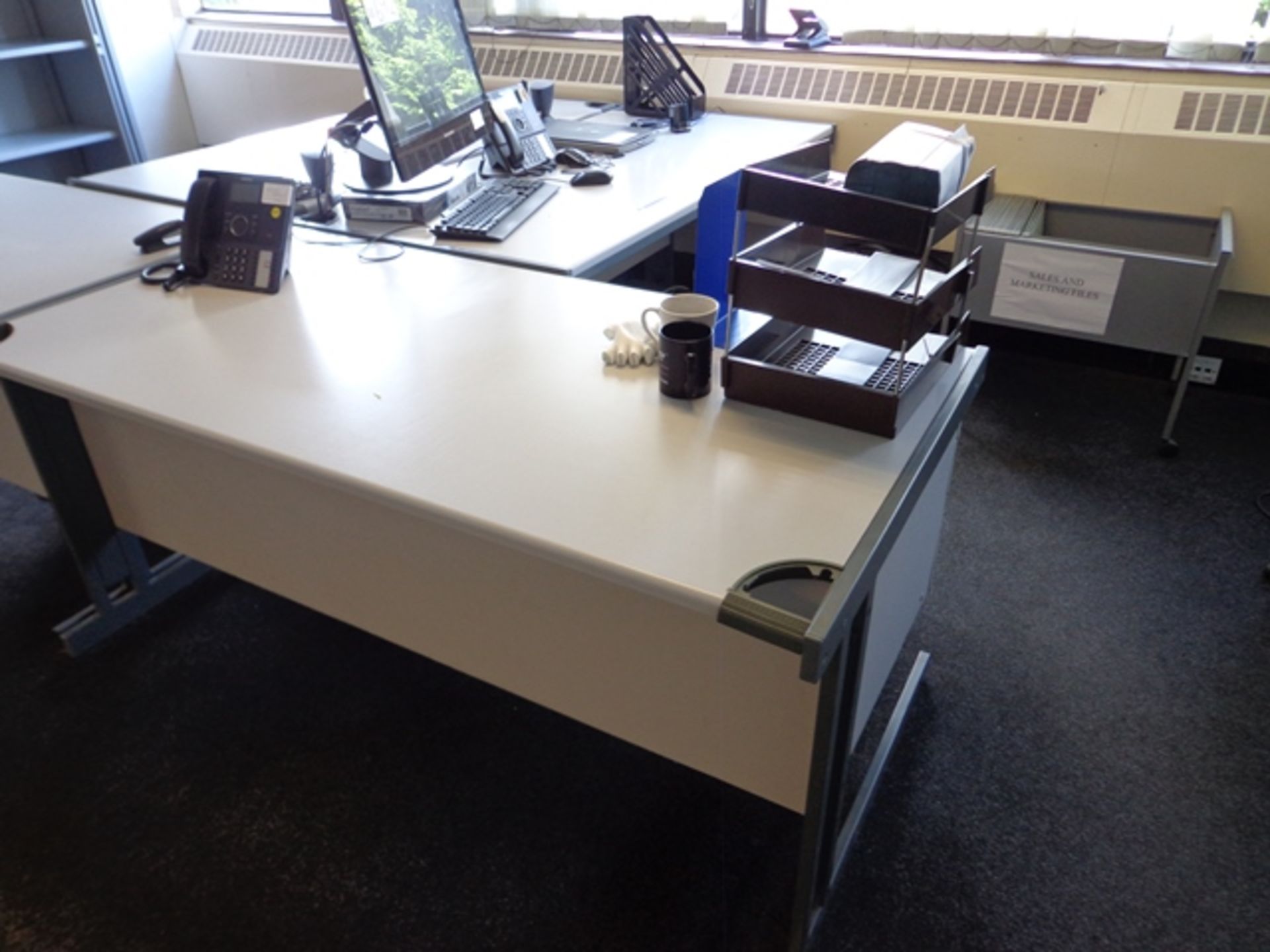 One Grey Melamine Single Pedestal Desk and One Grey Melamine Desk