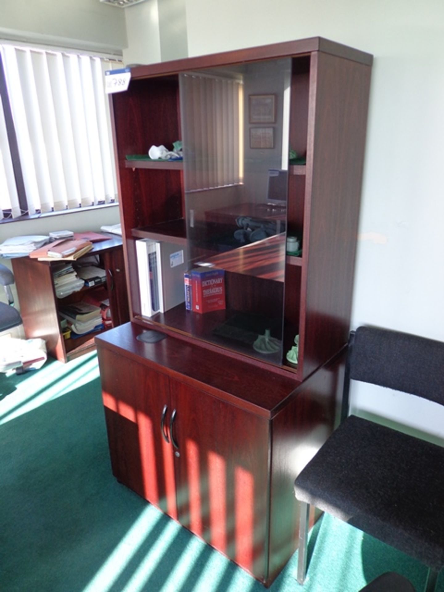 Two Mahogany Veneered Low Double Door Cupboards and Glass Fronted Unit