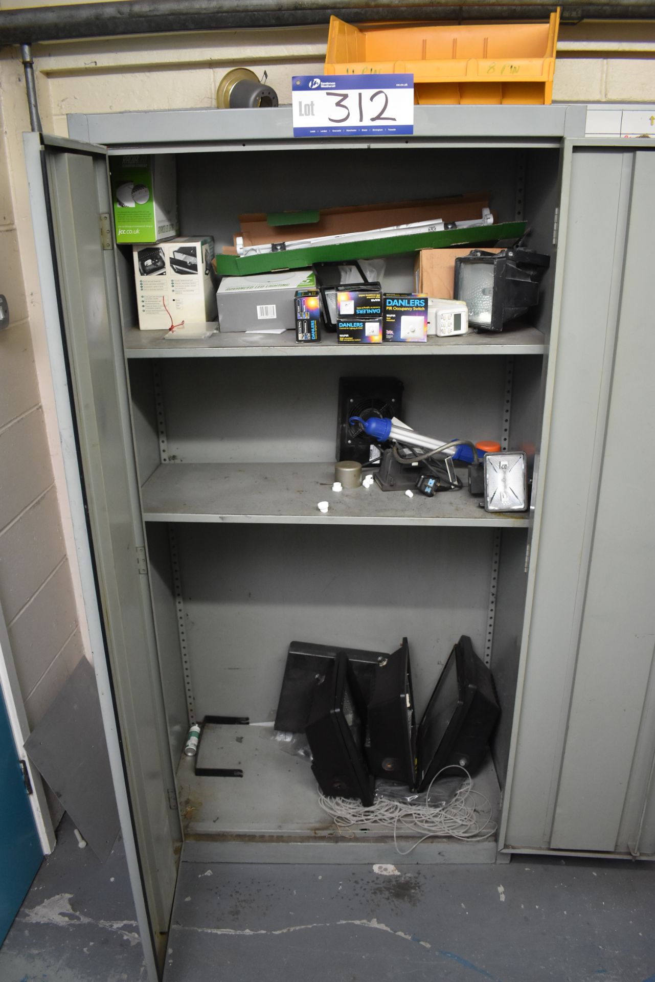 Metal Double Door Cupboard and Contents of Lights and Switches