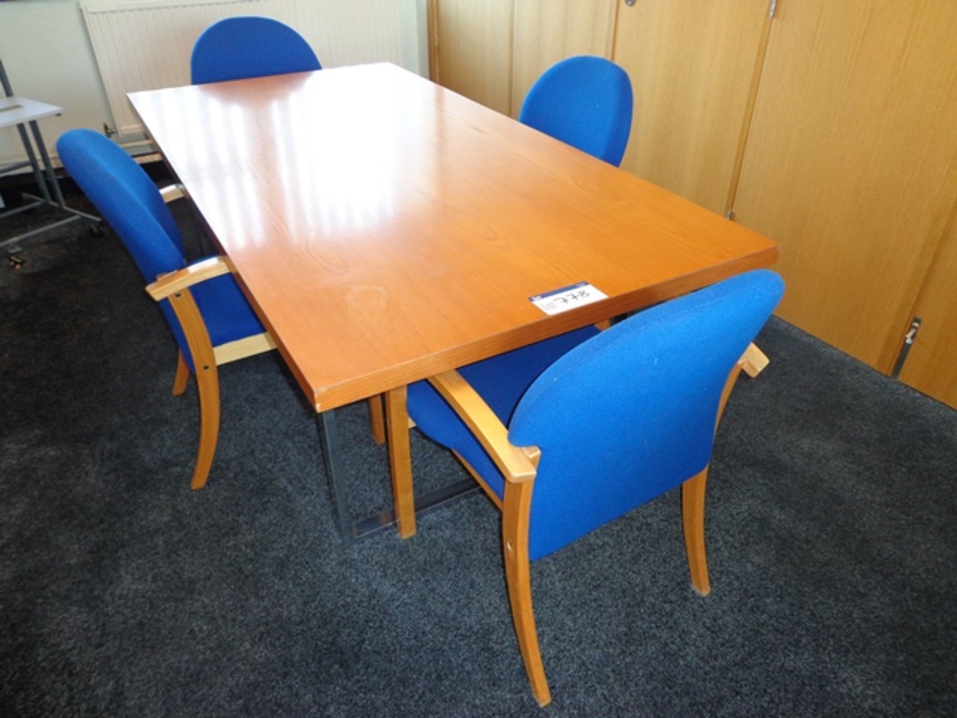 Light Oak Veneered Boardroom Table c/w Four Blue Upholstered Arm Chairs