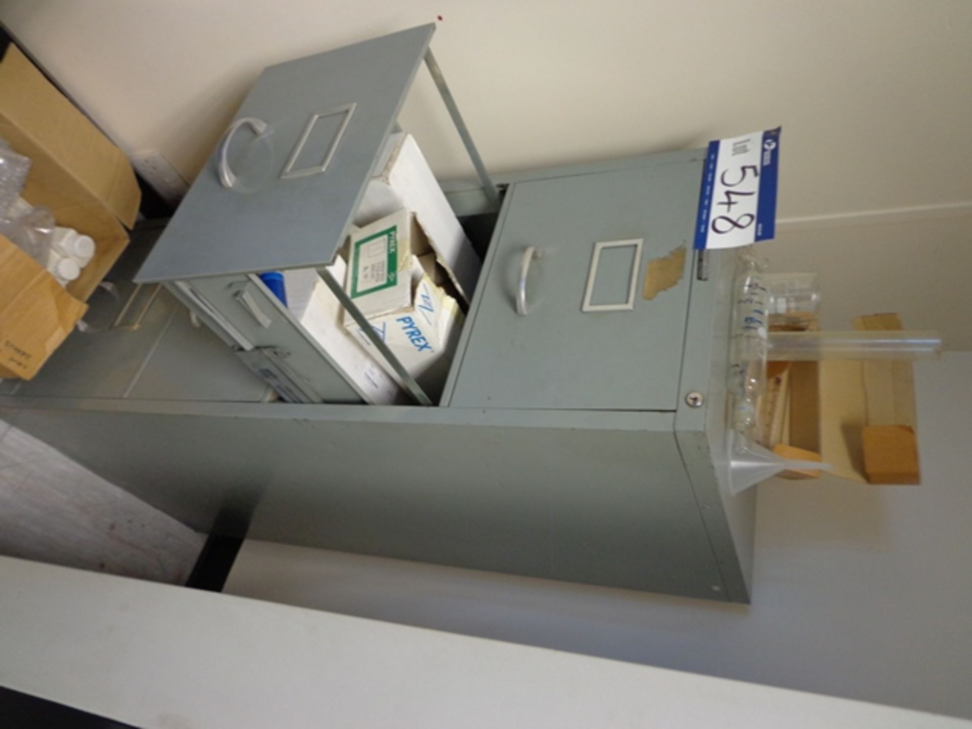 Four Drawer Metal Filing Cabinet and Contents of Laboratory Consumables/Glassware