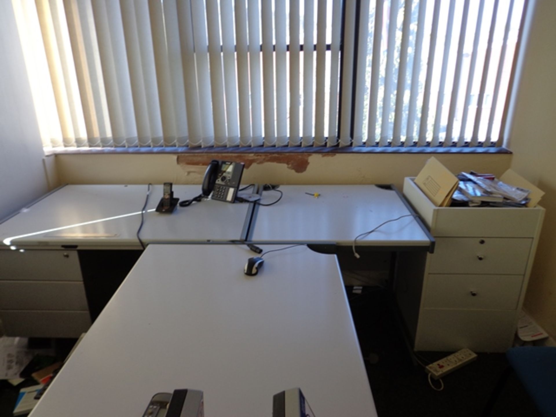 4 Grey Melamine Desks, 3 Drawer Pedestal and Blue Upholstered Office Chair - Image 2 of 2