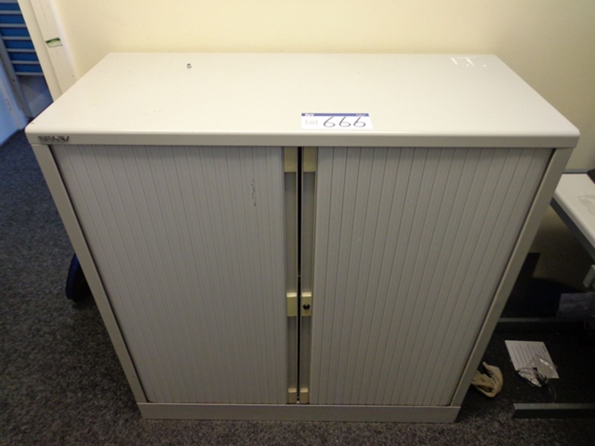 2 Grey Melamine Desks, 2 Upholstered Chairs, Tambour Door Cupboard and 4 Drawer Metal Filing