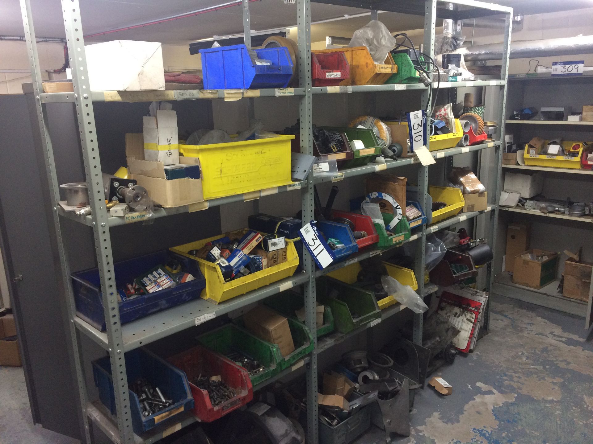 Contents to Three Bays of Shelving including Chain / Cogs / Bearings / Contactors, etc