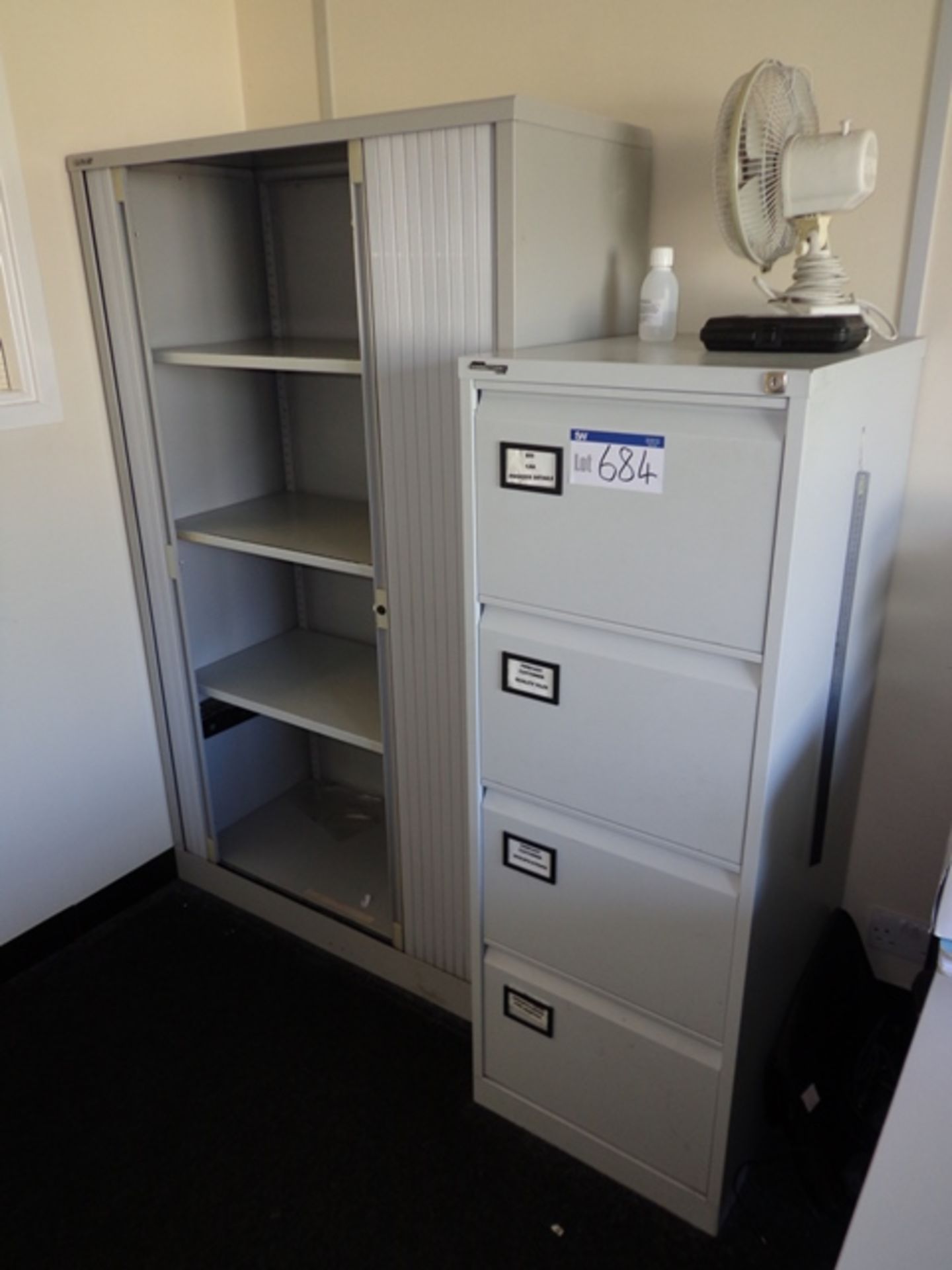 Four Drawer Metal Filing Cabinet and Tambour Front Cupboard