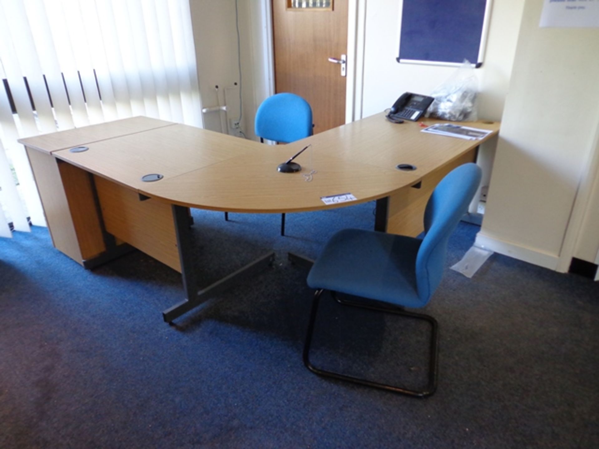 Light Oak Veneered Curved Reception Desk, 3 Drawer Pedestal and 2 Blue Upholstered Chairs