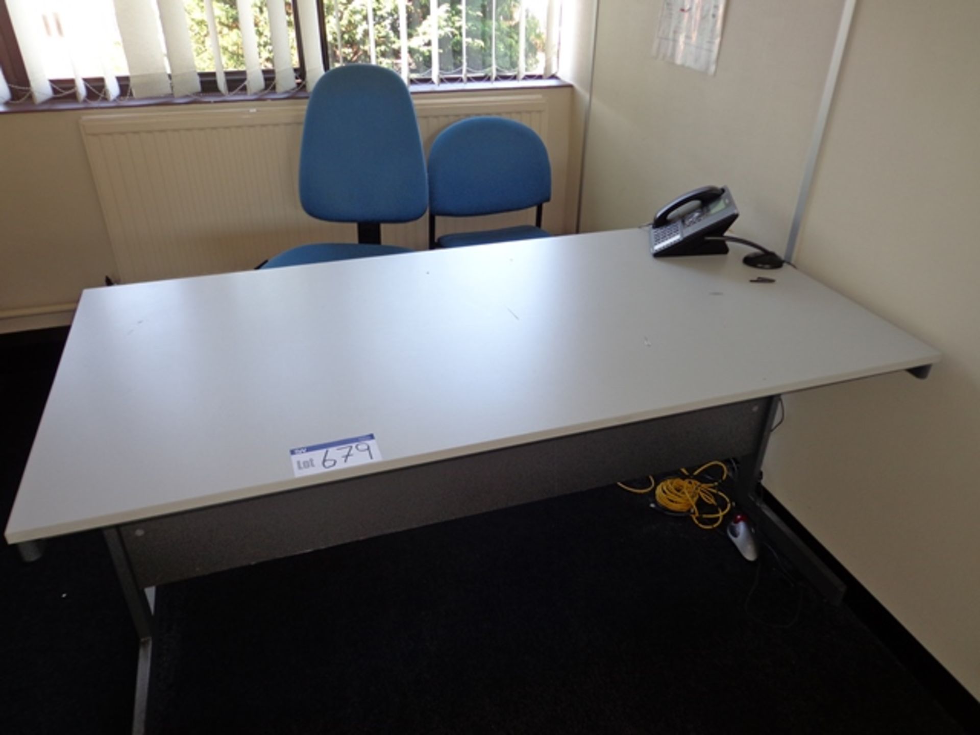 Grey Melamine Desk c/w Two Blue Upholstered Chairs