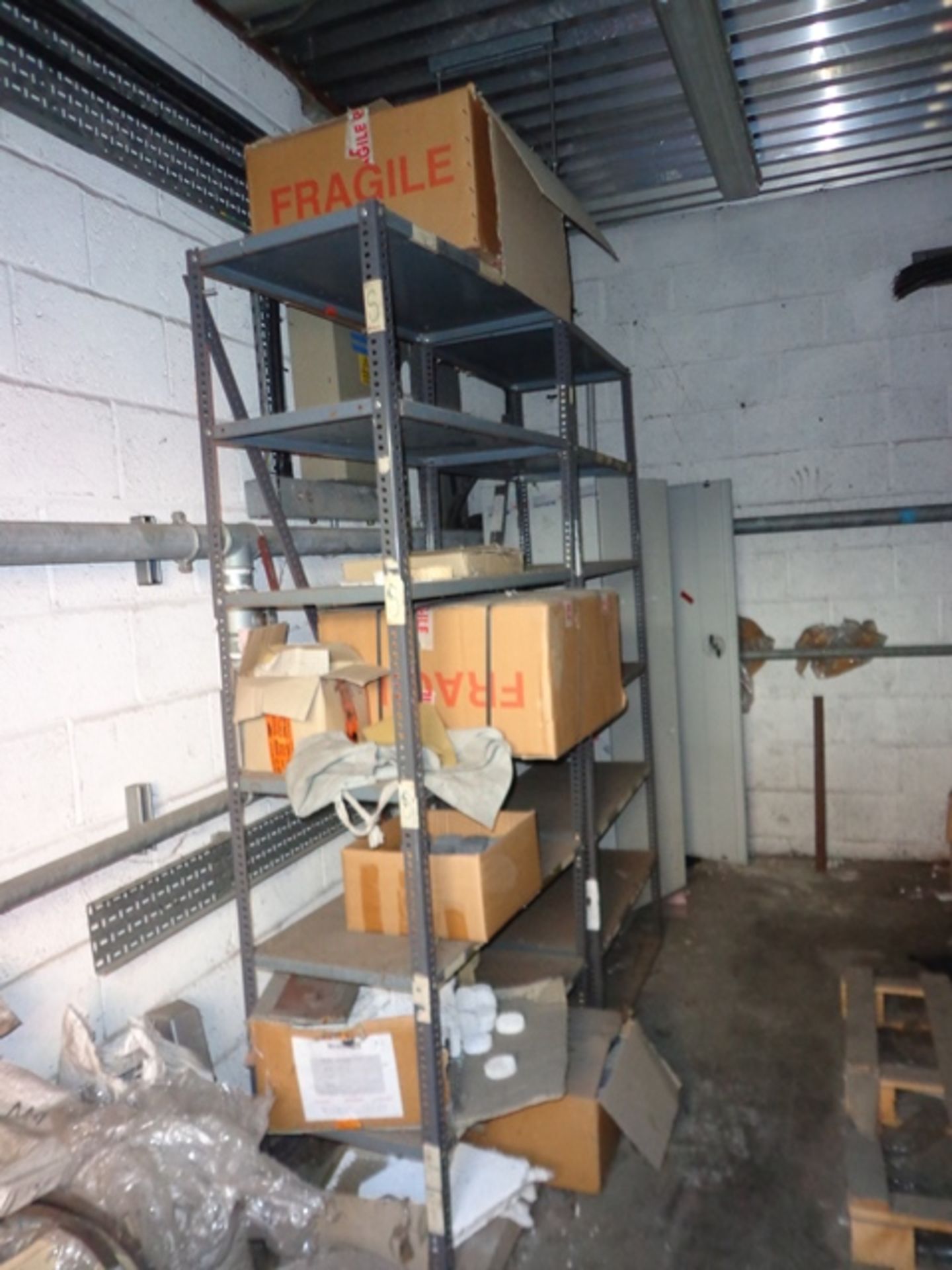 Contents to Room inc Two Bays of Metal Shelving, Double Door Cupboard, Foundry Ceramics