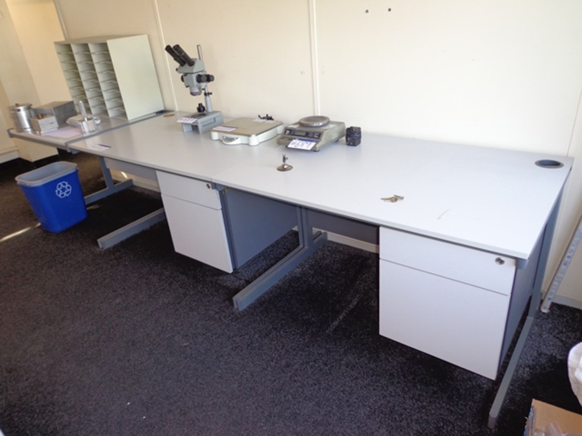 Two Grey Melamine Single Pedestal Desks and One Small Cantilever Desk