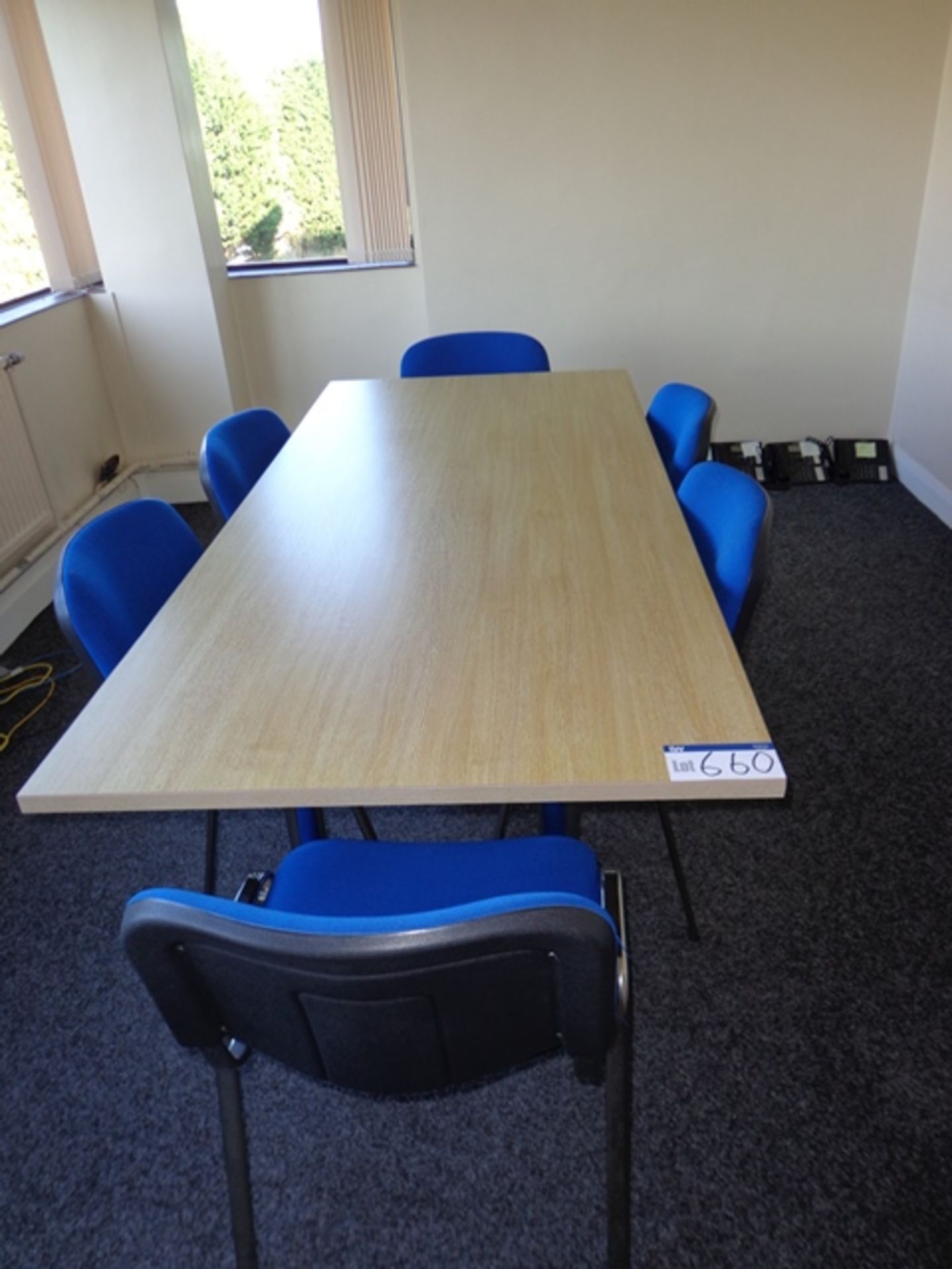 Light Oak Veneered Meeting Table, 2m x 900mm, 6 Blue Upholstered Chairs and Light Oak Veneered