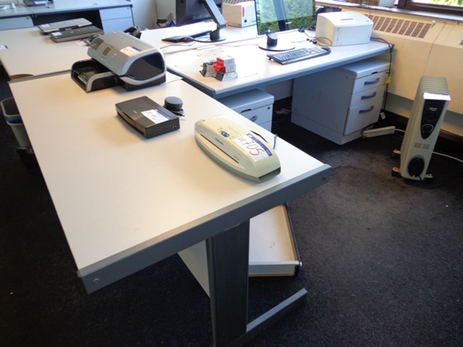 Two Grey Melamine Desks, Three 3 Drawer Pedestals and Book Shelf