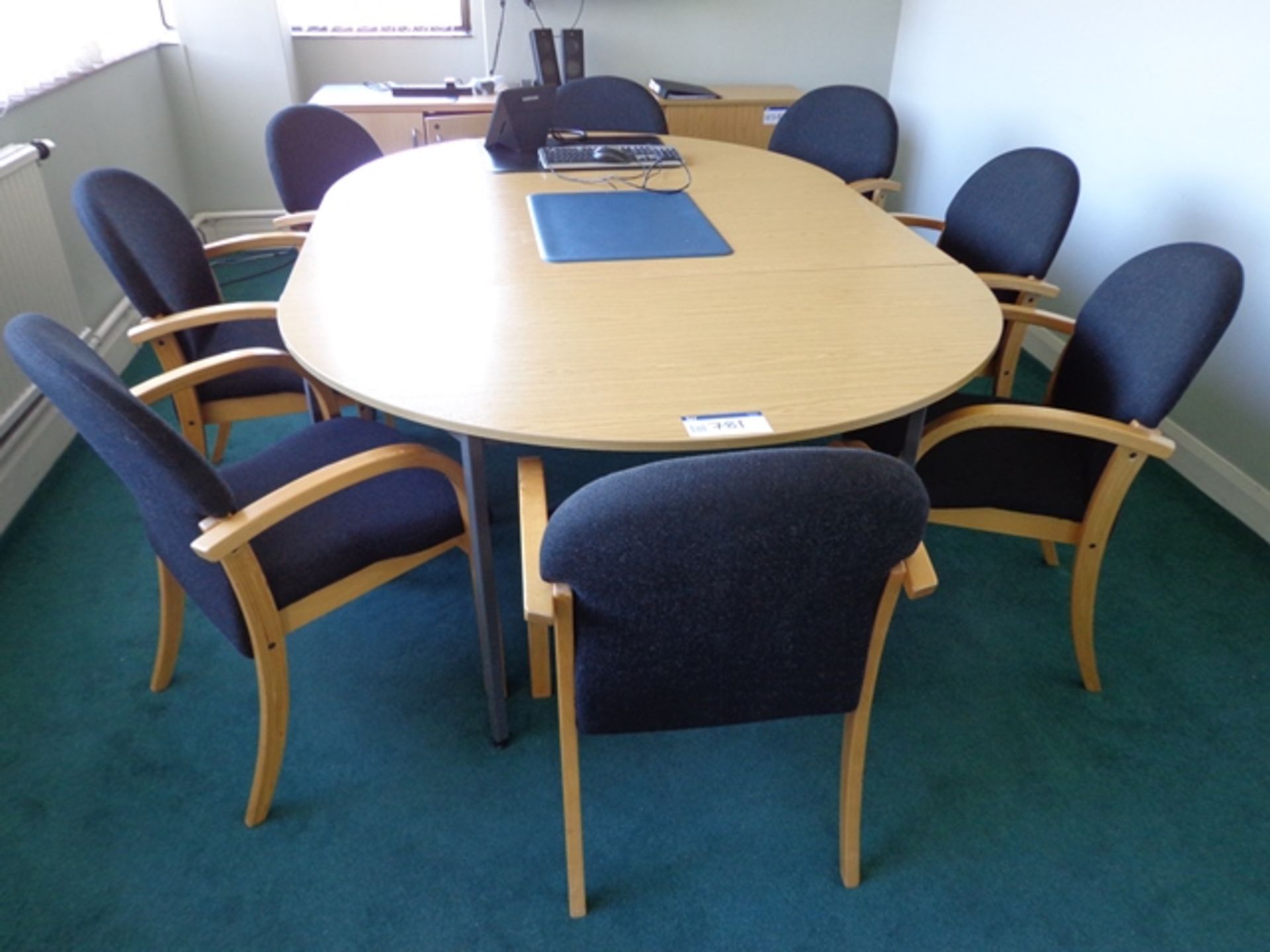 Light Oak Veneered Oval Boardroom Table c/w Eight Charcoal Upholstered Armchairs