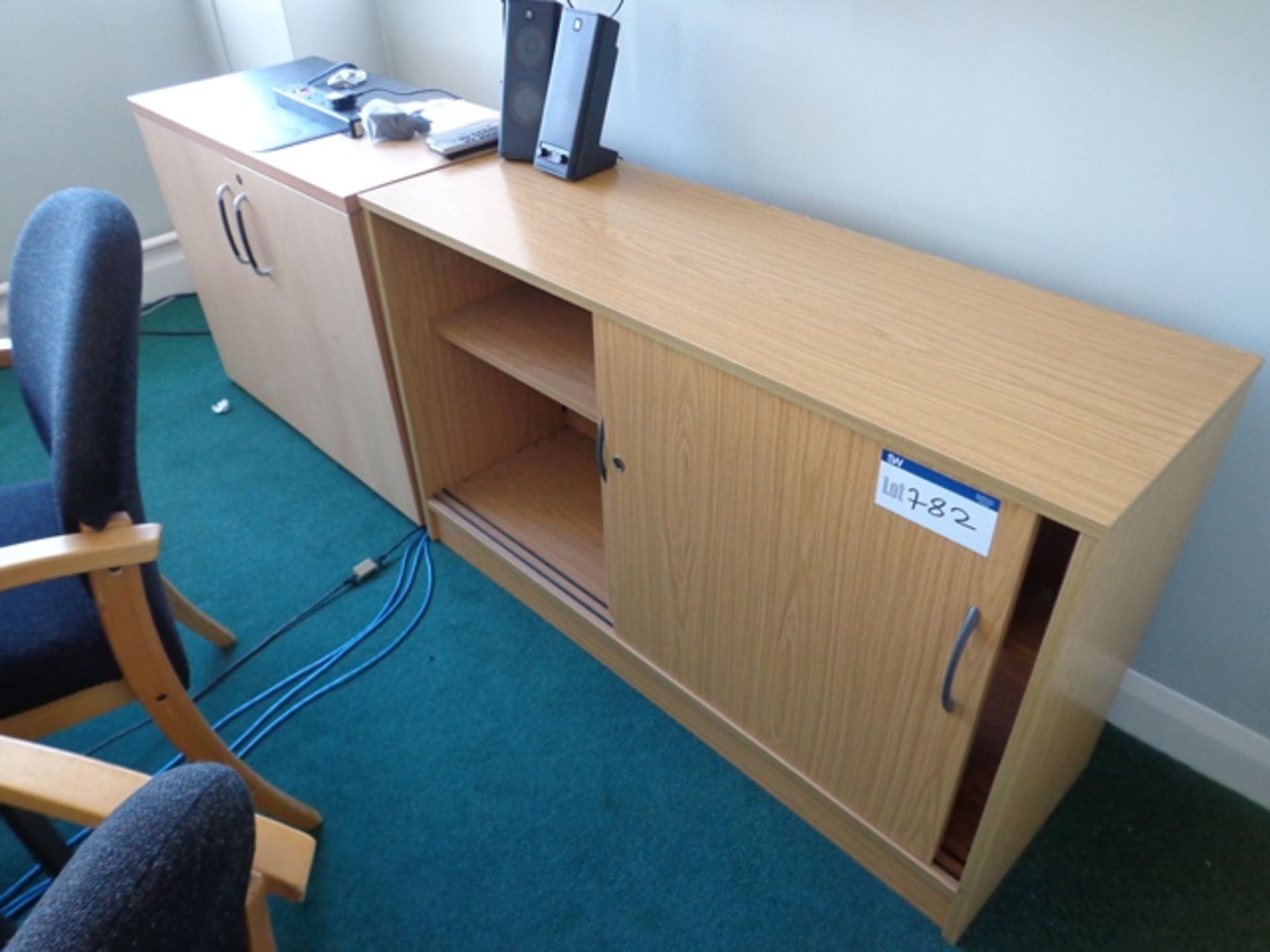 Two Light Oak Veneered Low Double Door Cupboards