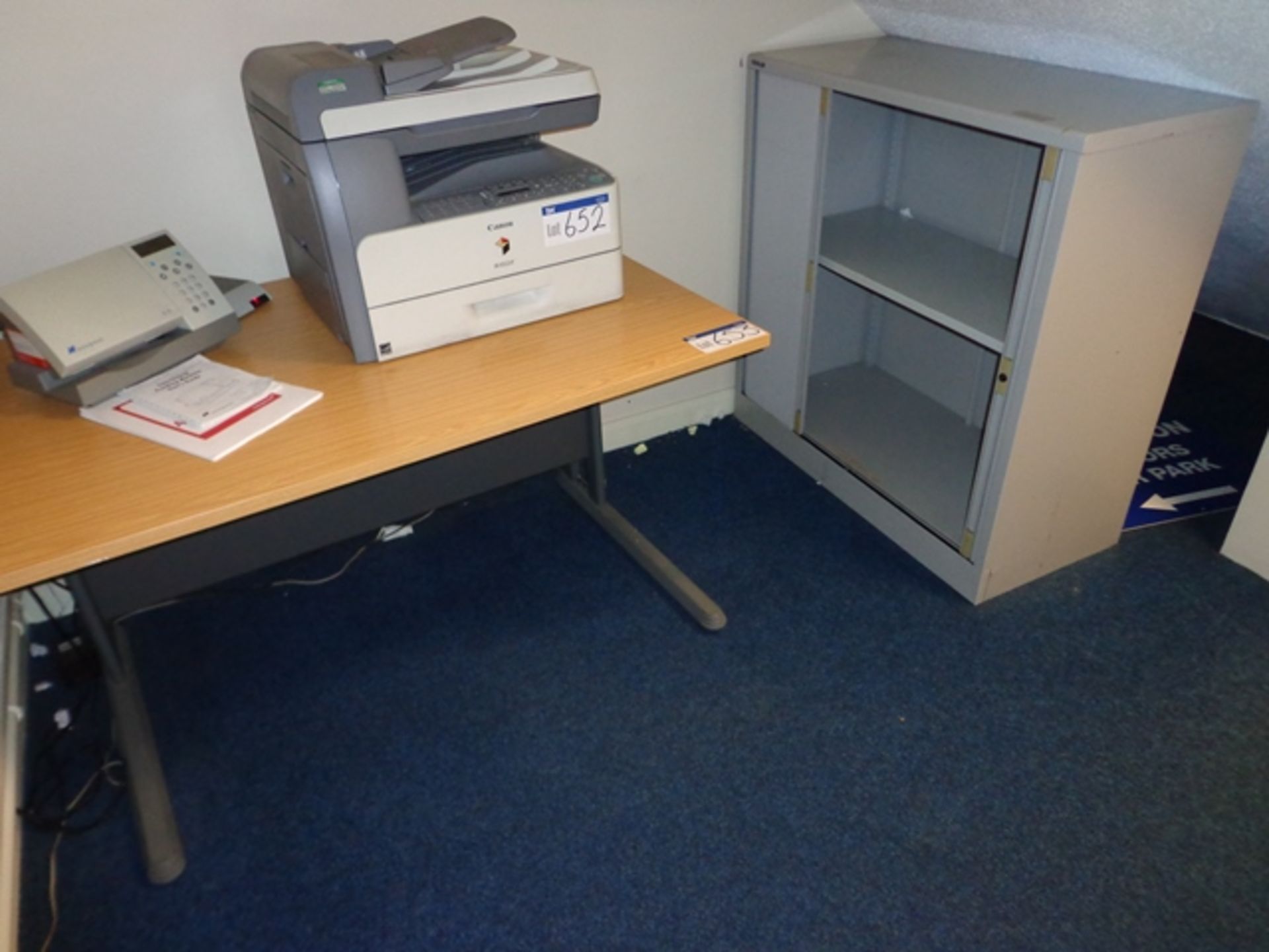 Light Oak Veneered Catelever Framed Desk and Tambour Door Cupboard