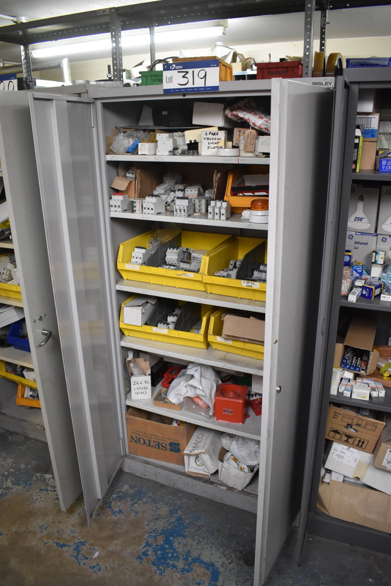 Bisley Metal Double Door Cupboard and Contents of RCD Switches, Smoke Detectors