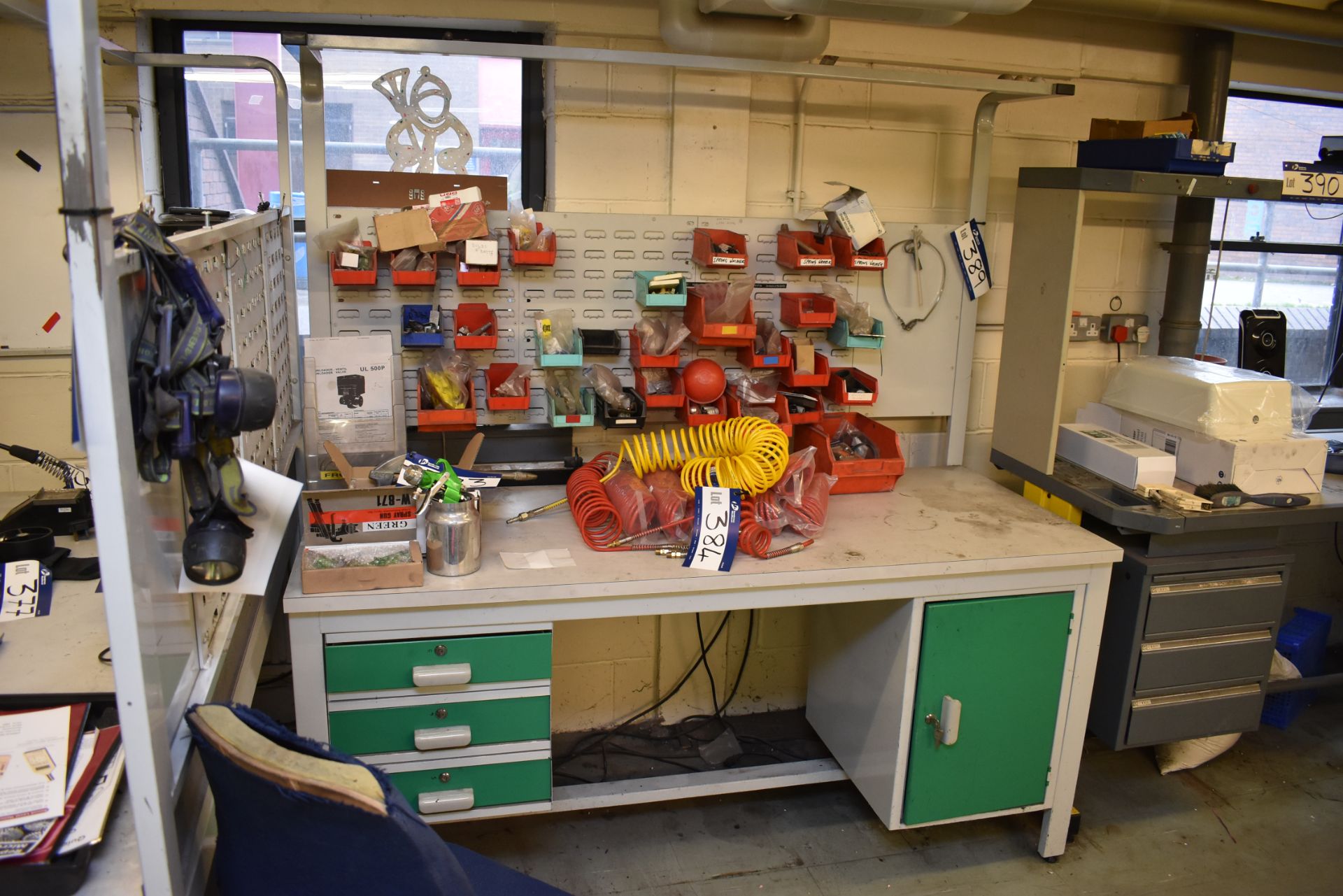 Workstation with Cupboard and 3 Drawers, 1800 x 780 x 1900mm c/w Plastic Bins and Contents