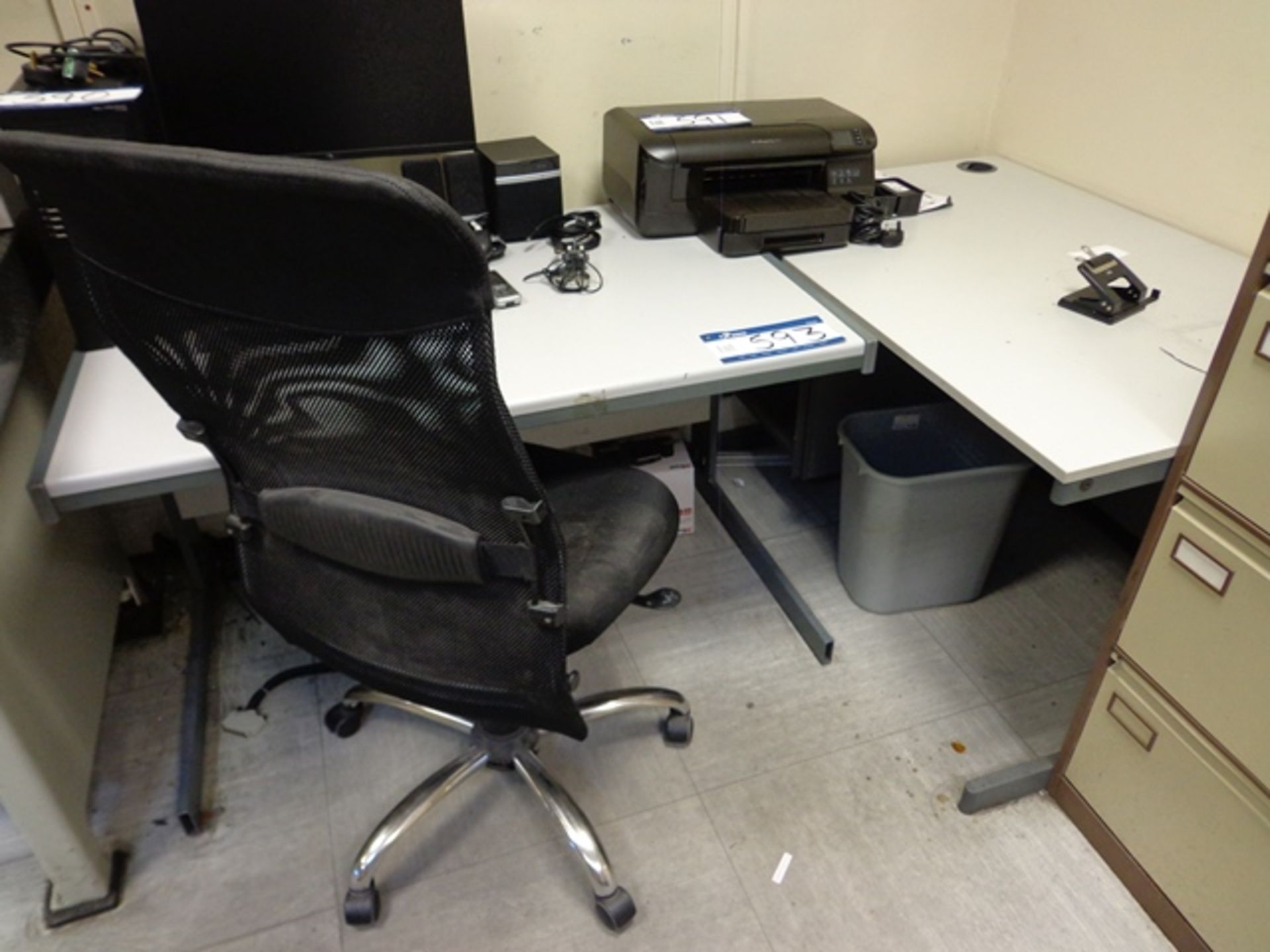 Two Grey Melamine Desks and Office Chair