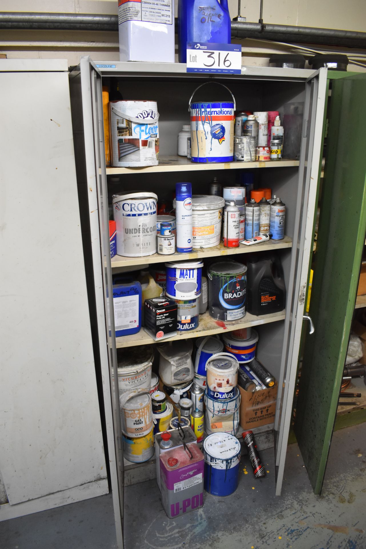 Escoline Double Door Cupboard and Contents of Paint / Oils / Thinners