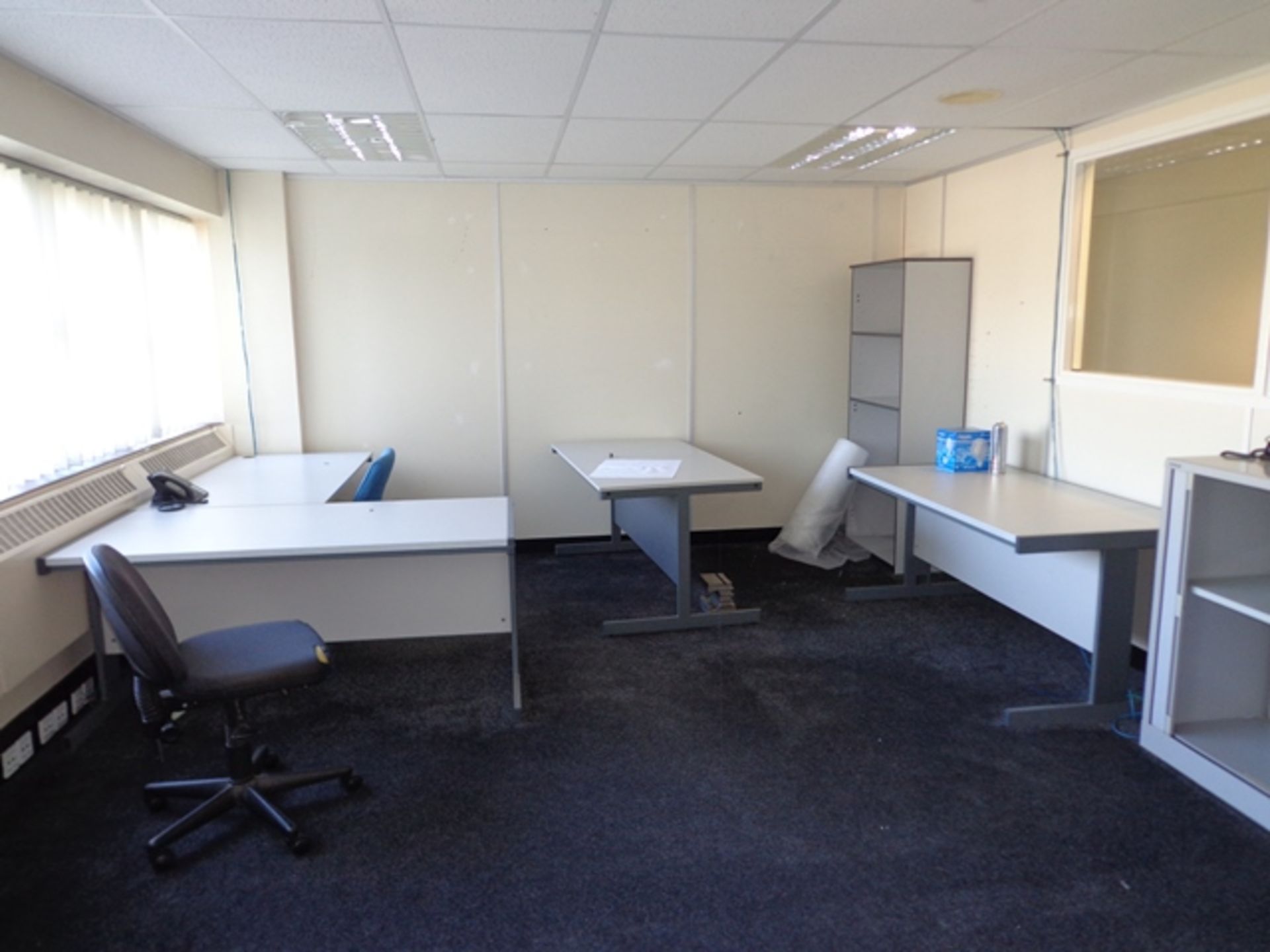 Contents to Office inc Five Grey Melamine Desks, Two Pedestals, Four Drawer Filing Cabinets, Two