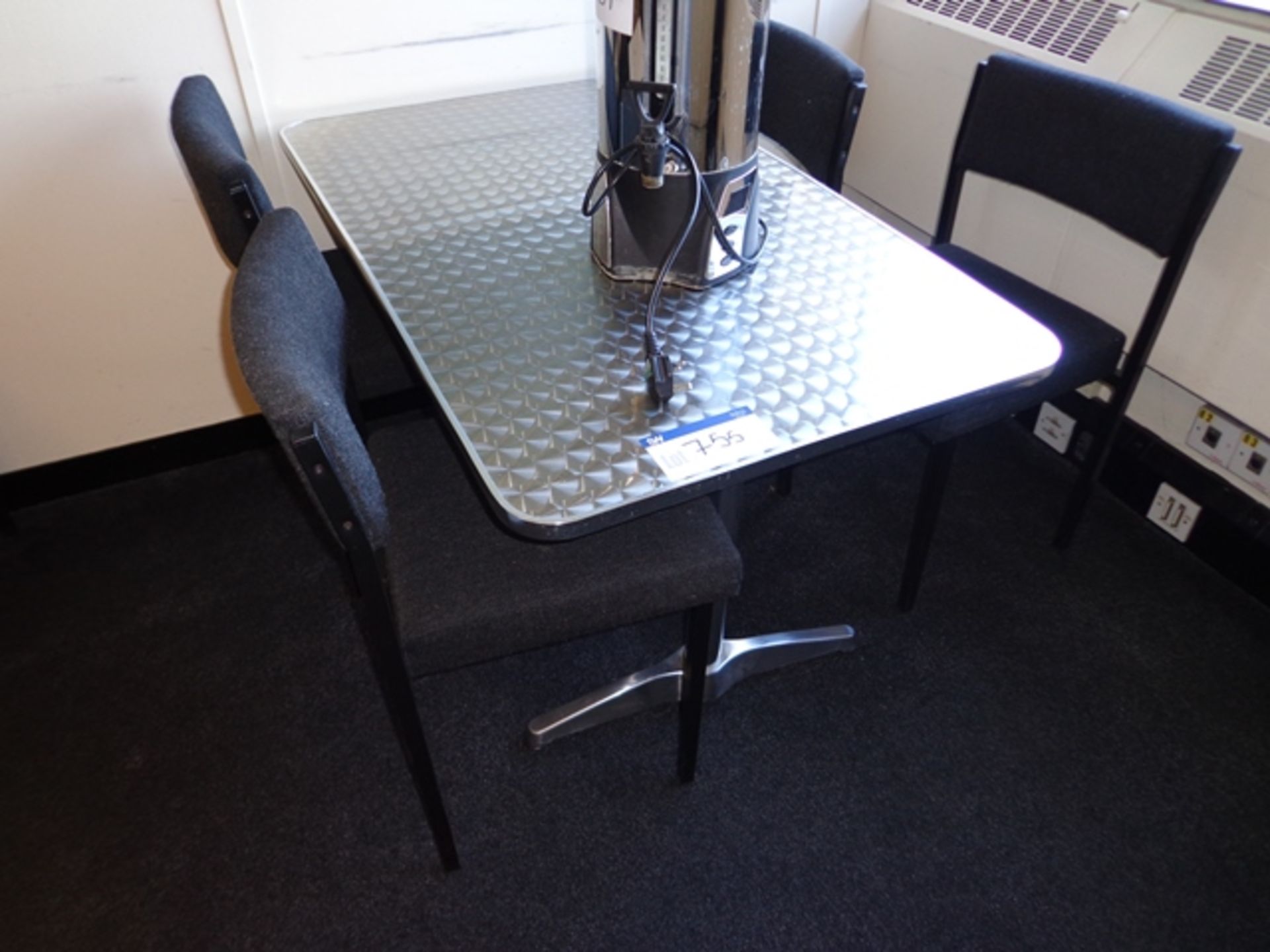 Silver Canteen Table and Seven Black Upholstered Chairs