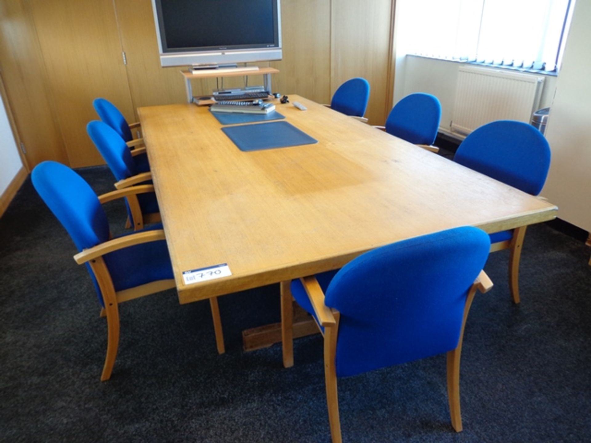 Large Light Oak Veneered Boardroom Table c/w Seven Blue Upholstered Armchairs