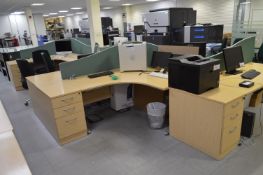 Multi-Workstation Island, approx. 6.1m long with multi-drawer pedestals and acoustic screens (Please