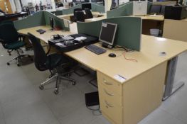 Multi-Workstation Island, approx. 6.3m long with drawer pedestals and acoustic screens (Please