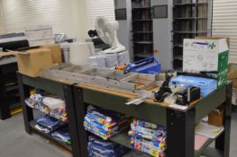 Assorted Equipment, on bench, including staplers, tape, tape dispensers and toolbox (Please note