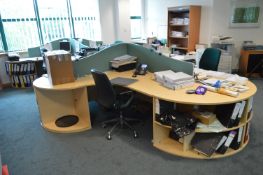 Island of Desks, comprising five cantilever framed desks, eight corner shelving extensions, two desk
