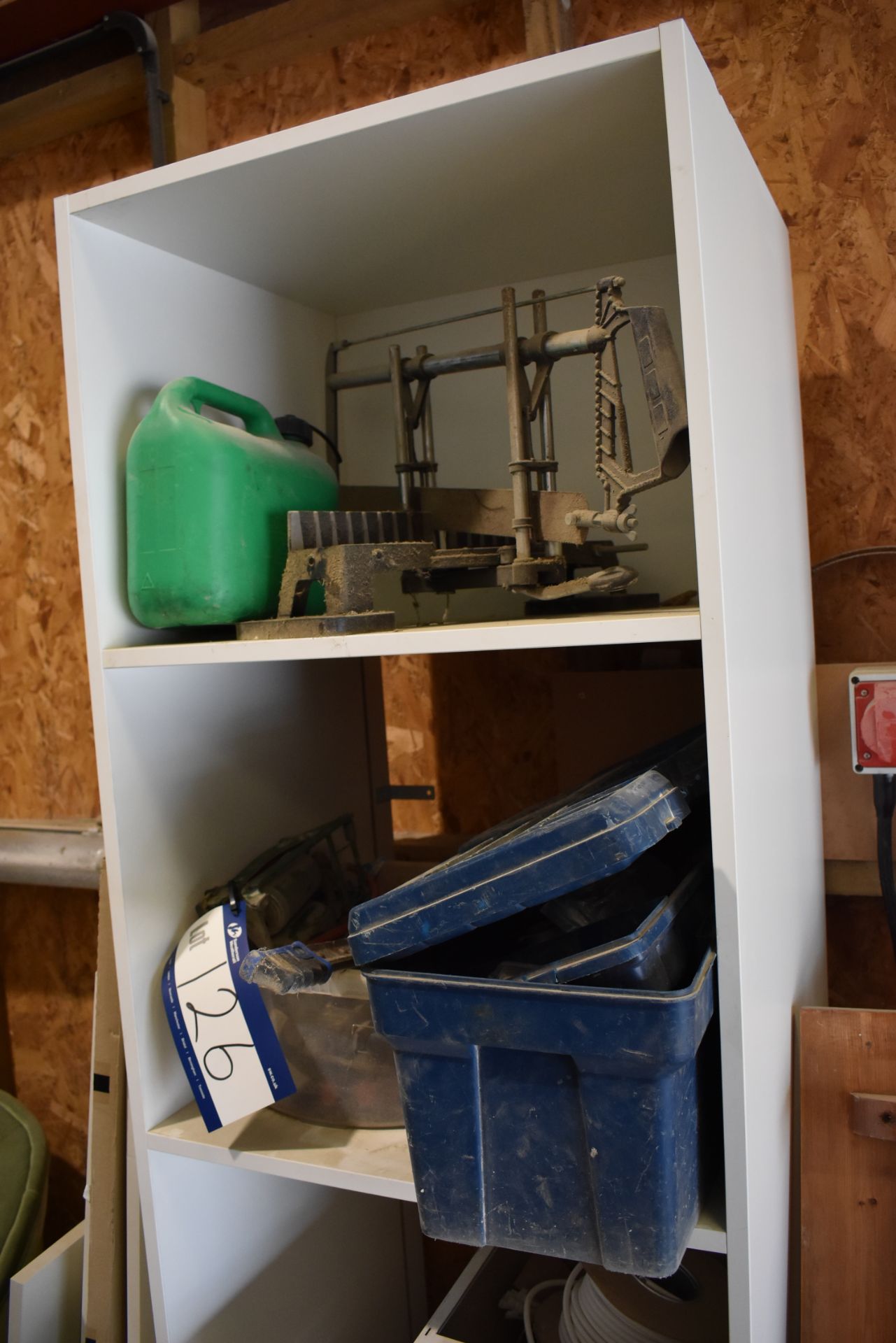 Hand Winch, Foot Pump & Assorted Carpentry Tools, as set out on shelf