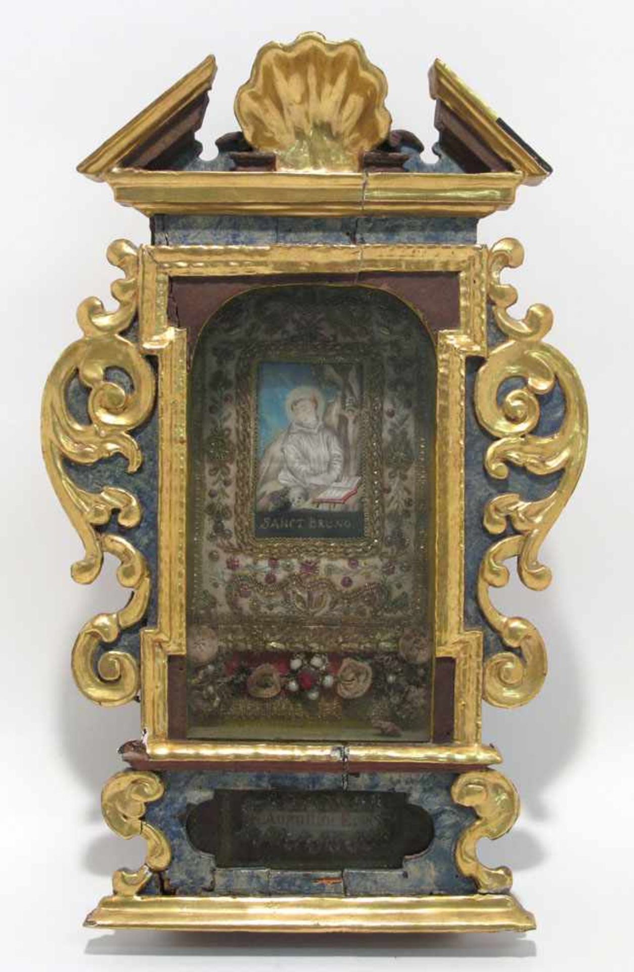 Klosterarbeit: St. Bruno Süddeutsch, 19. Jh. Gouache mit Darstellung des Hl. Bruno, umgeben von