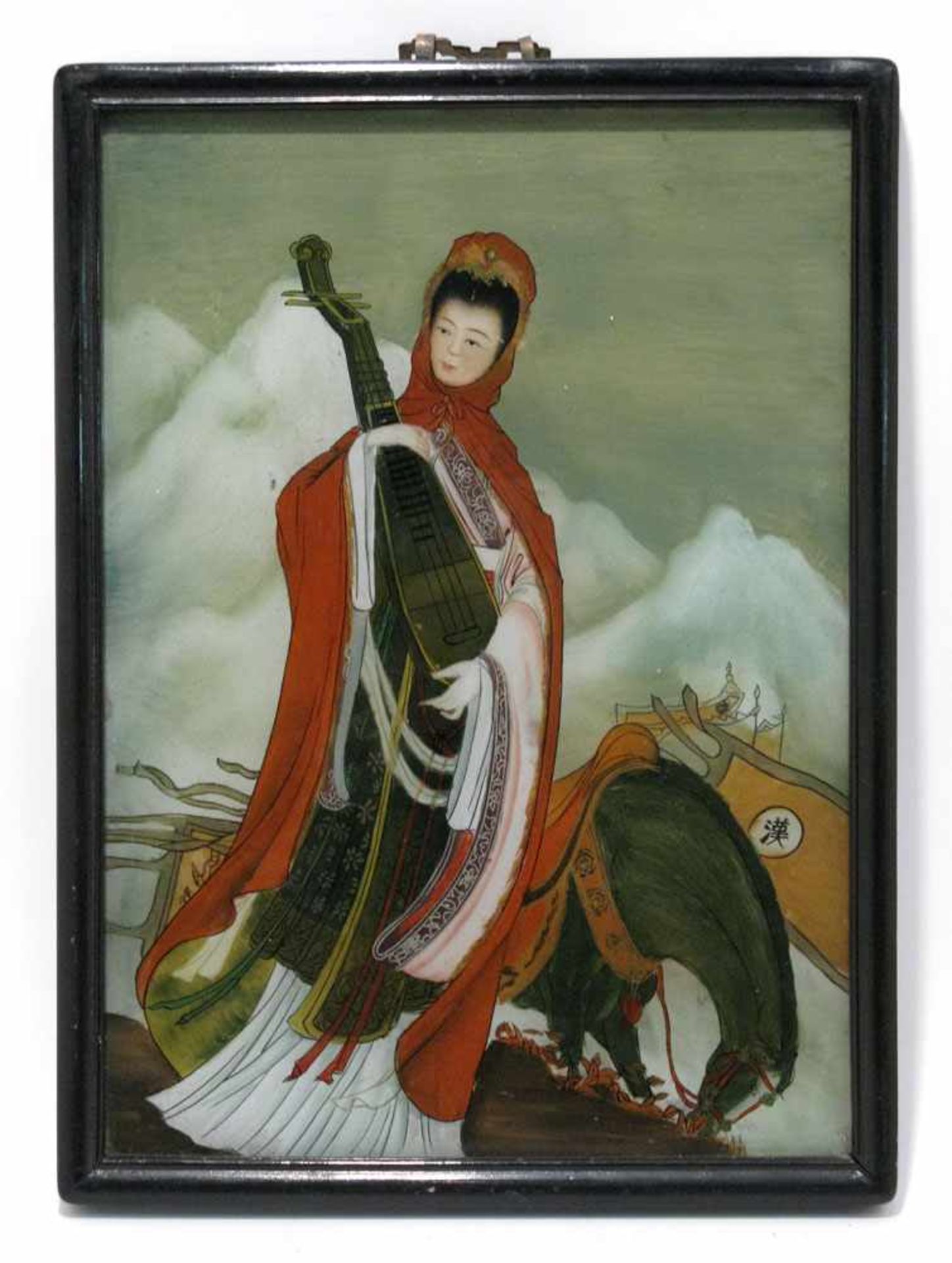 Hinterglasbild: Junge Frau mit Laute China, wohl 1. Hälfte 20. Jh. 36 x 26 cm. Rahmen.