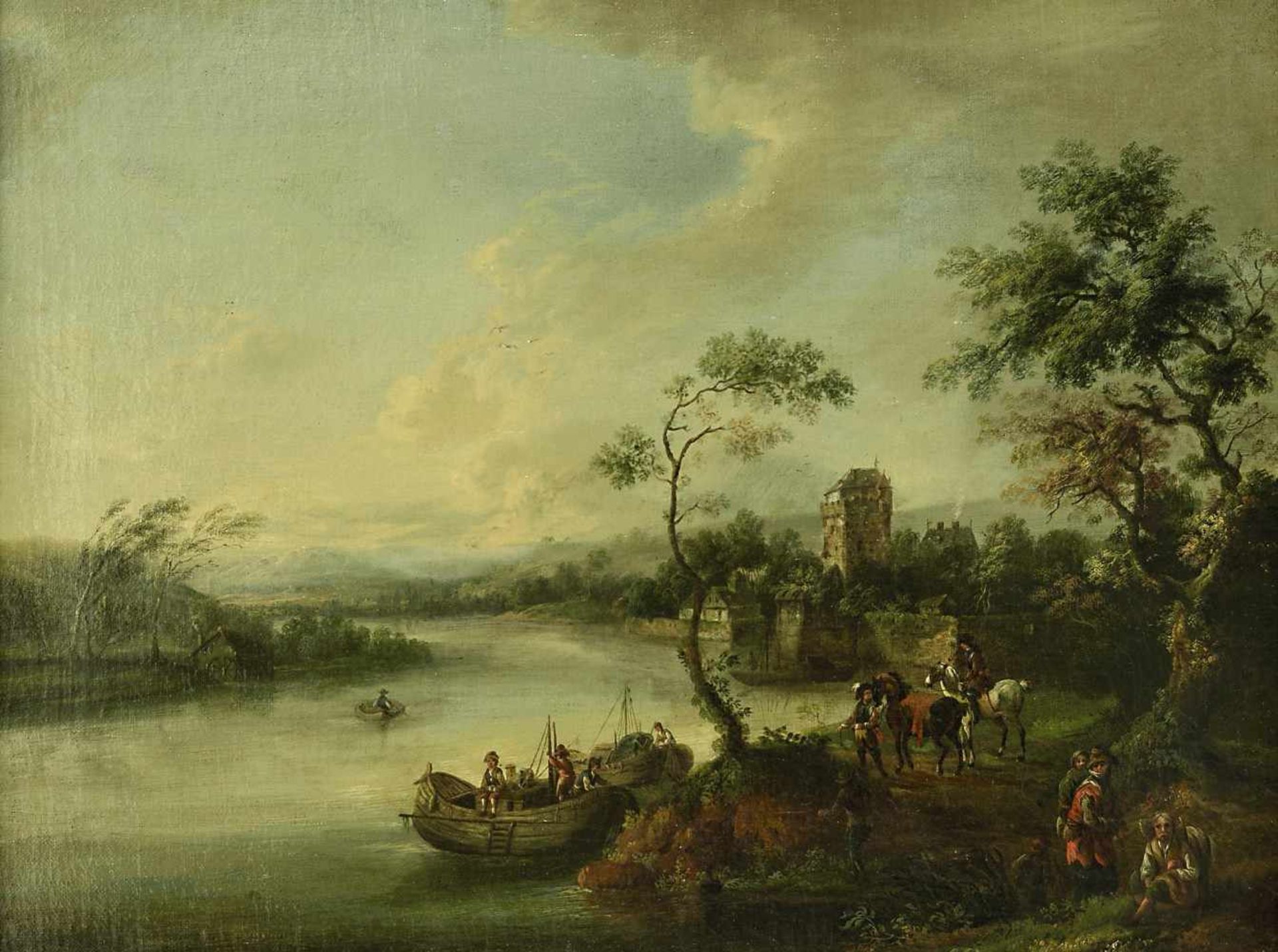 wohl Niederlande, 18. Jh. Flusslandschaft mit kleinen Booten und Reitern vor Burganlage Öl / Lwd. 43