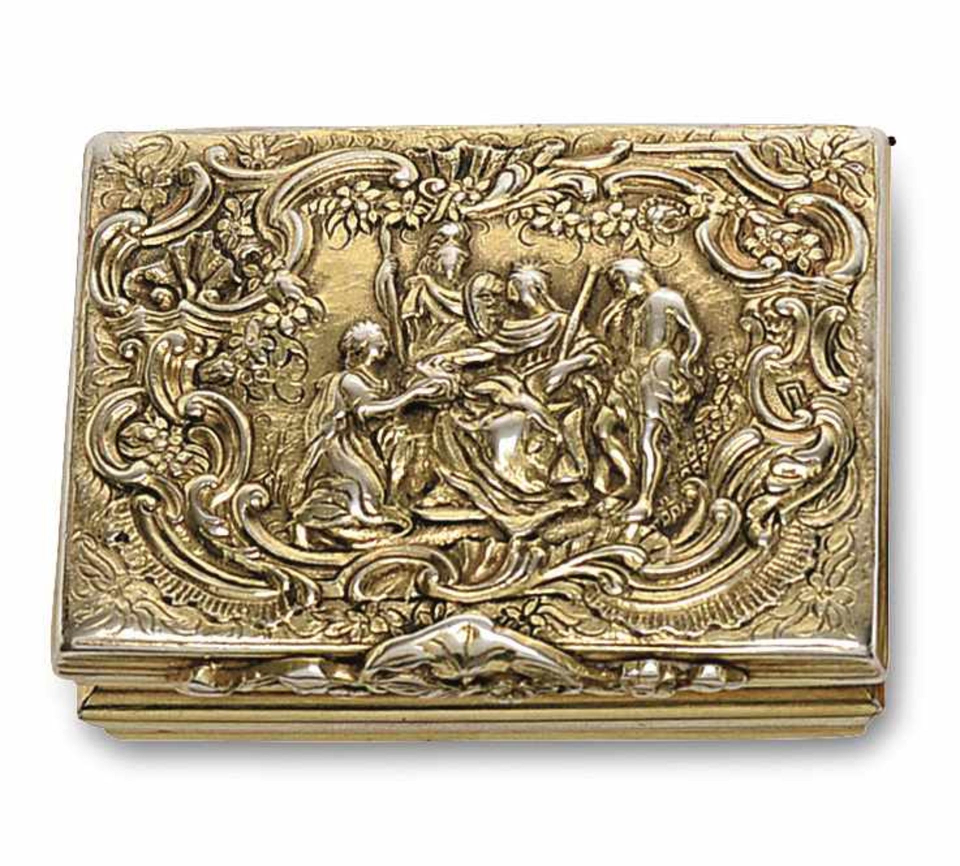 Tabatière 2. Hälfte 18. Jh. Silber, vergoldet. Auf dem Deckel reliefierte figürliche Szene in