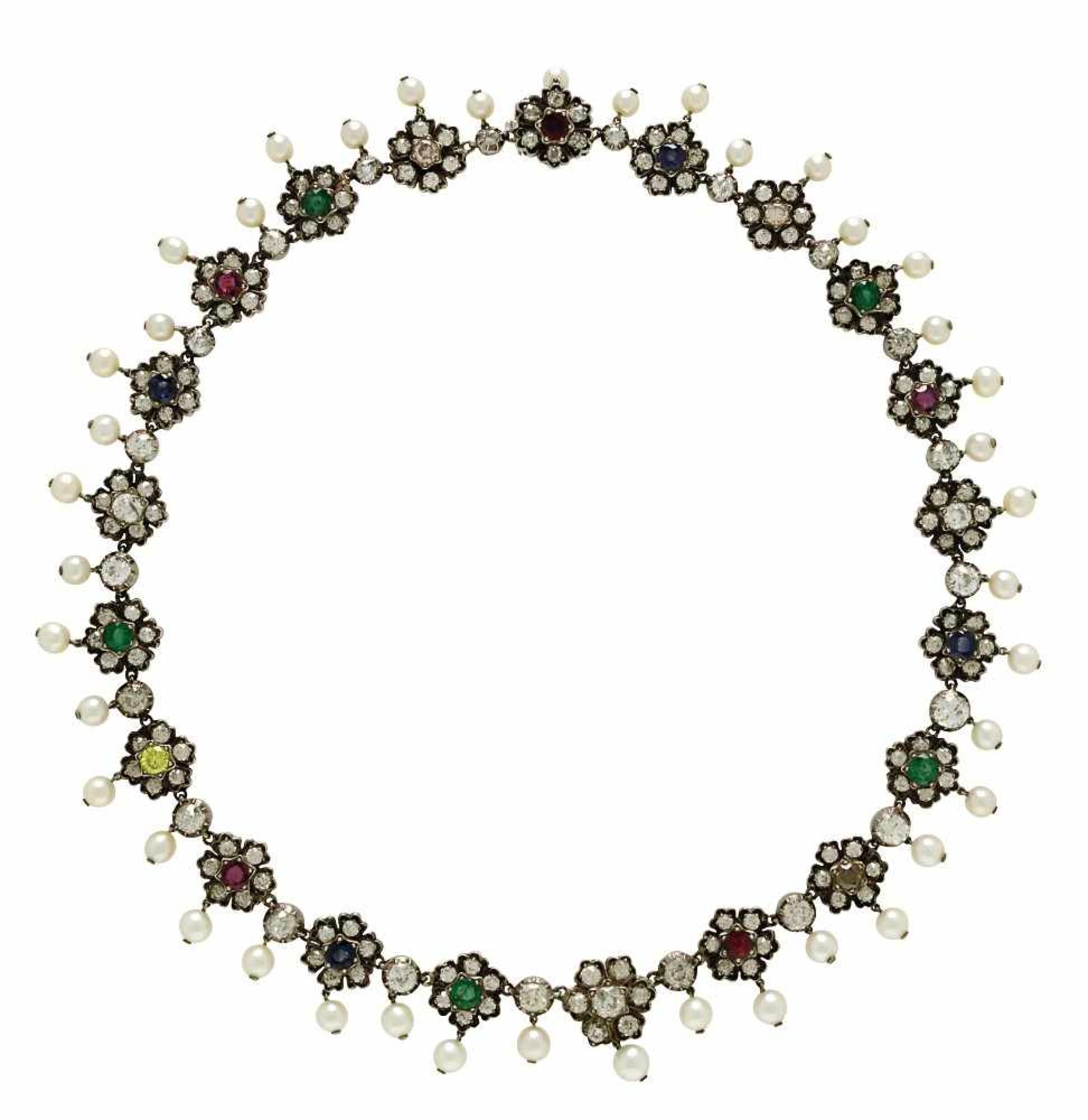 Diamant-Farbstein-Collier Um 1915 Silber, mit Weißmetall verbödet. Umlaufend blütenförmig besetzt