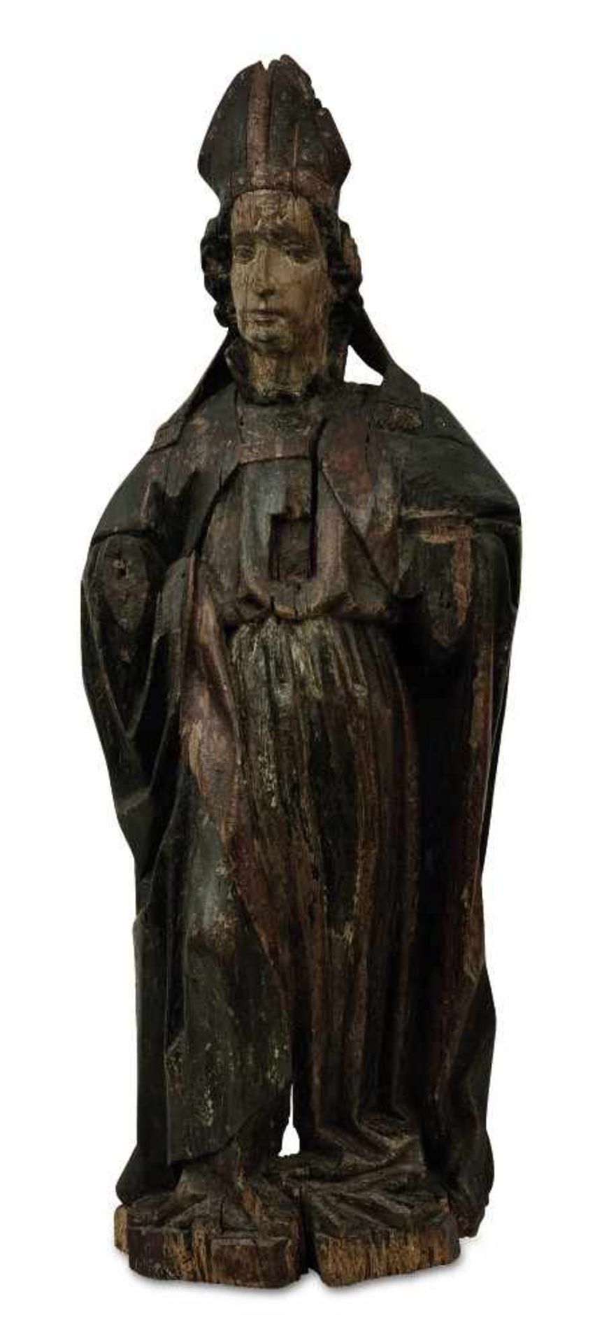 Hl. Bischof Niederbayern, um 1450 Holz, geschnitzt, rückseitig gehöhlt. Reste von Farbfassung.