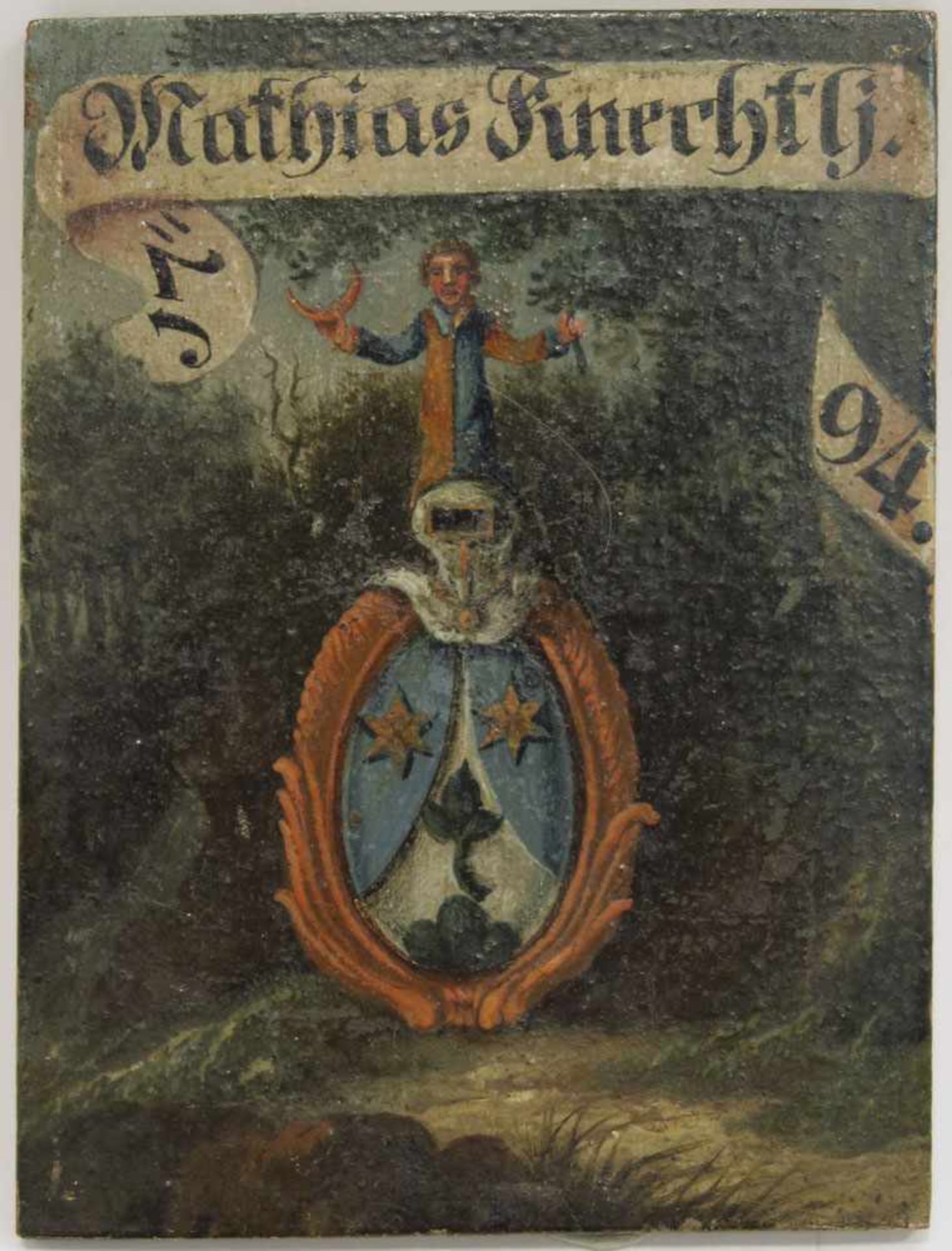 Kleines Wappenbild Öl/Lwd. 10 x 7,5 cm. Bez. "Mathias Knechtlj." und datiert "1794".