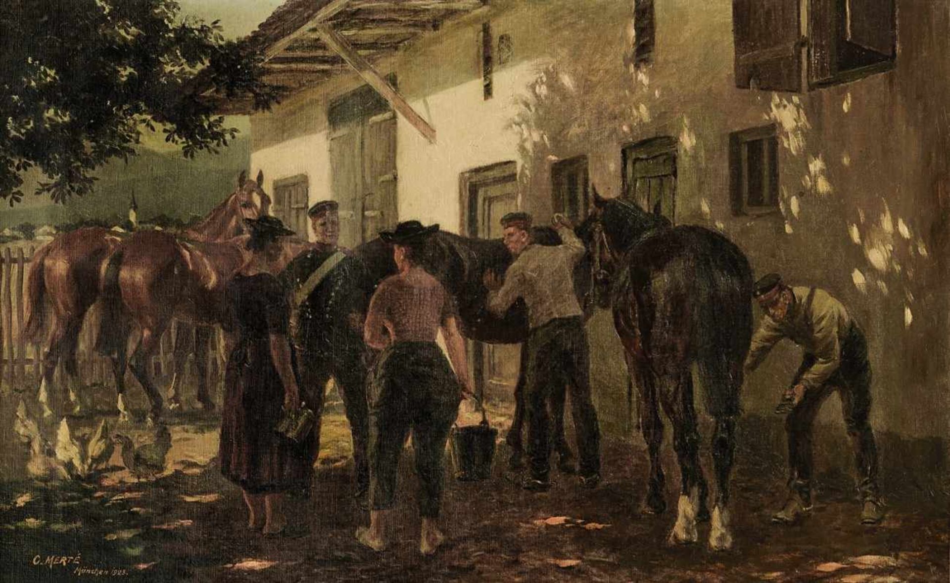 Merté, Oskar 1873 München - 1938 Bad Aibling Unterhaltung vor dem Pferdestall Öl/Lwd. 50 x 80 cm. L.