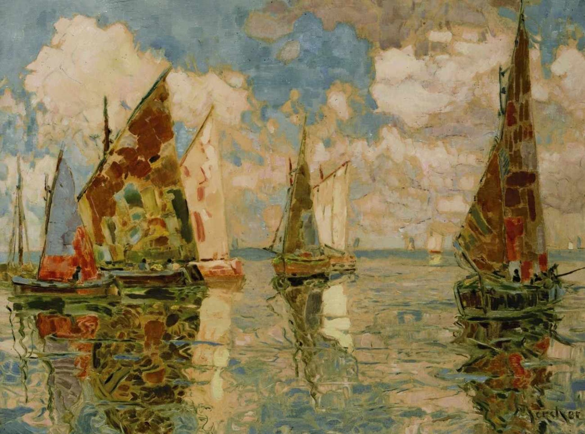 Mercker, Erich 1891 Zabern - 1973 München Segelboote Öl/Papier/Karton. 31 x 41 cm. R. u. signiert.