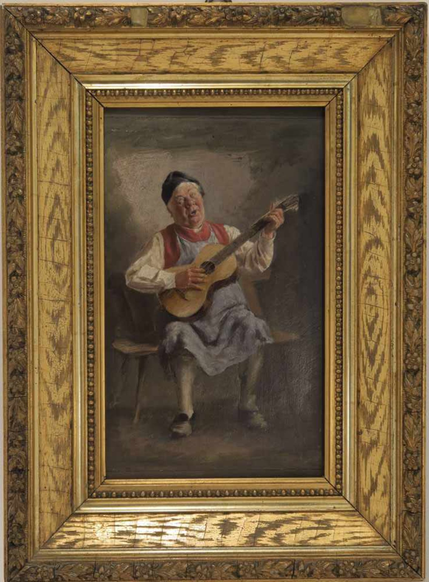 Süddeutsch 19./20. Jh. Zur Gitarre singender Mann Öl/Holz. 23,5 x 15 cm. Rahmen.