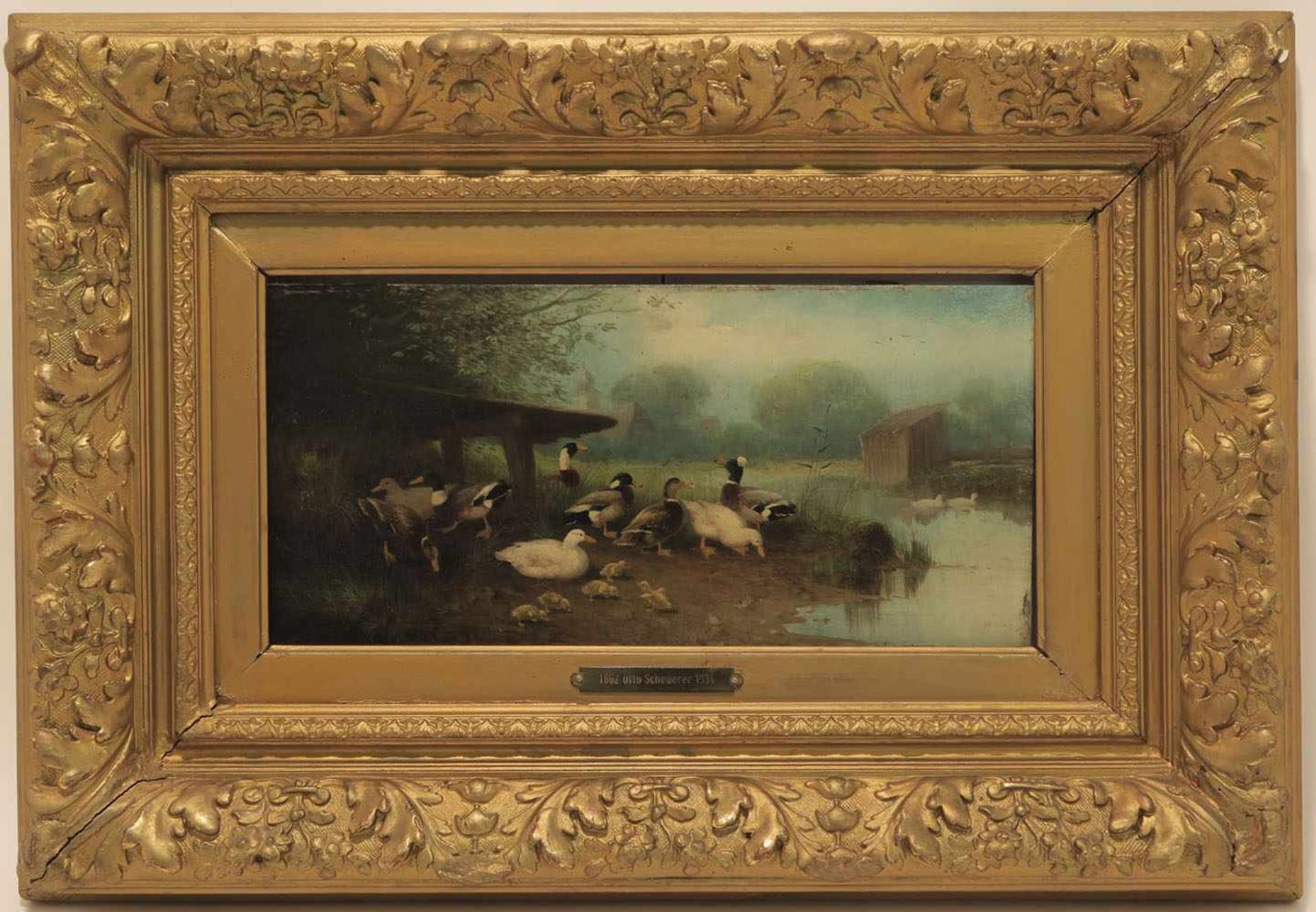 Scheuerer, Otto 1862 München - 1934 ebd. Enten am Wasser Öl/Holz. 15,5 x 32 cm. L. u. signiert und