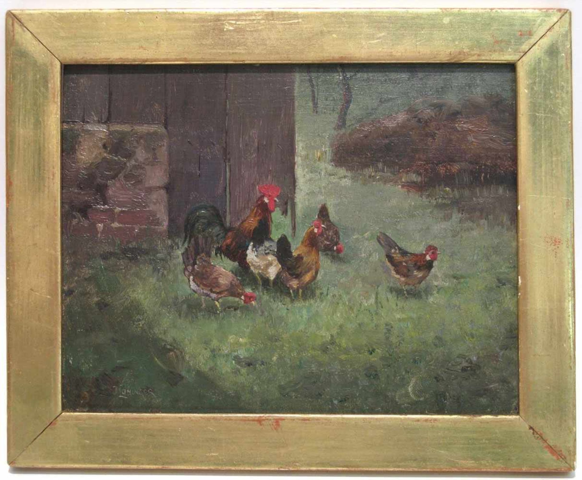 Lohinger, J. 19./20. Jh. Hühner auf der Wiese Öl/Holz. 14 x 18 cm. L. u. signiert. Rahmen.