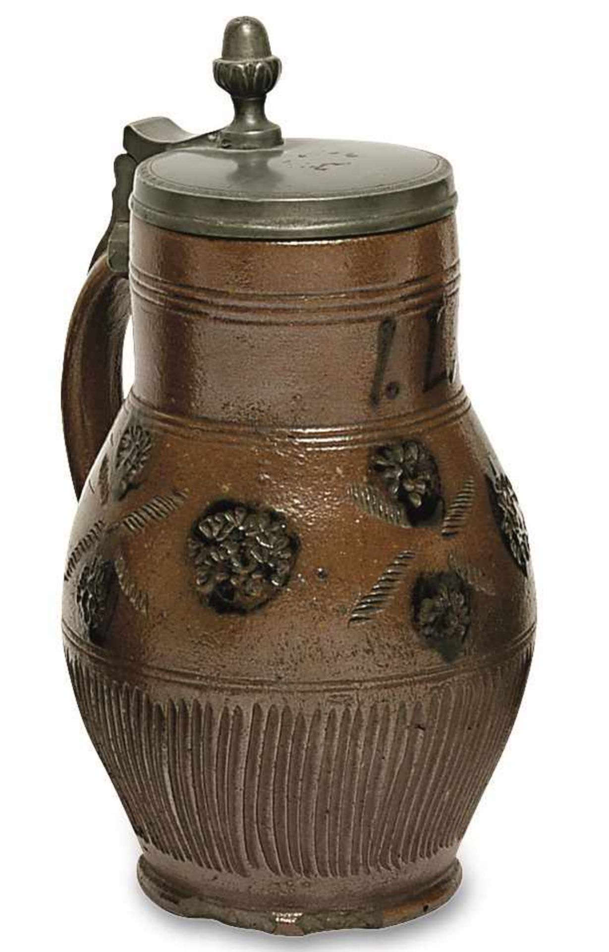 Zylinderhalskrug Muskau, 1. Hälfte 19. Jh. Braunes, salzglasiertes Steinzeug, schwarzbraun