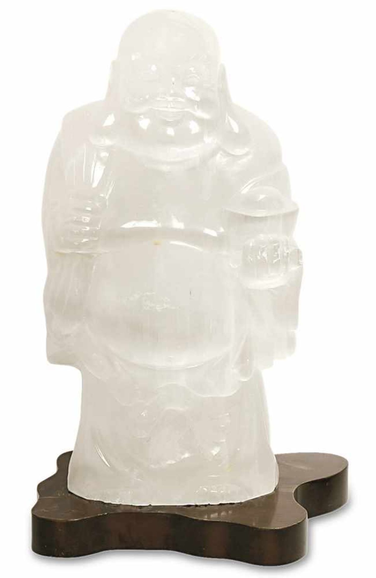Stehender Buddha Bergkristall (?). Besch. H. 47 cm. Dazu: Holzsockel.