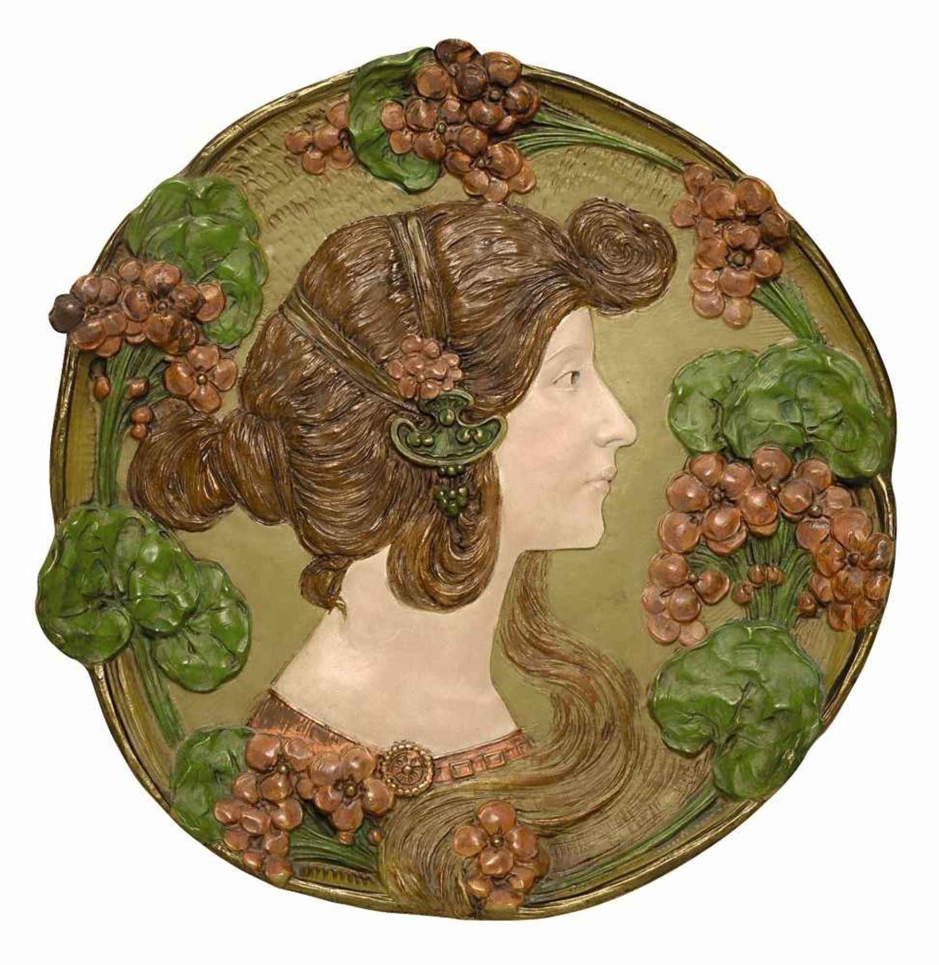 Reliefbild: Bildnis einer jungen Frau Ernst Wahliss, Turn-Wien, um 1900 Keramik, farbig staffiert.