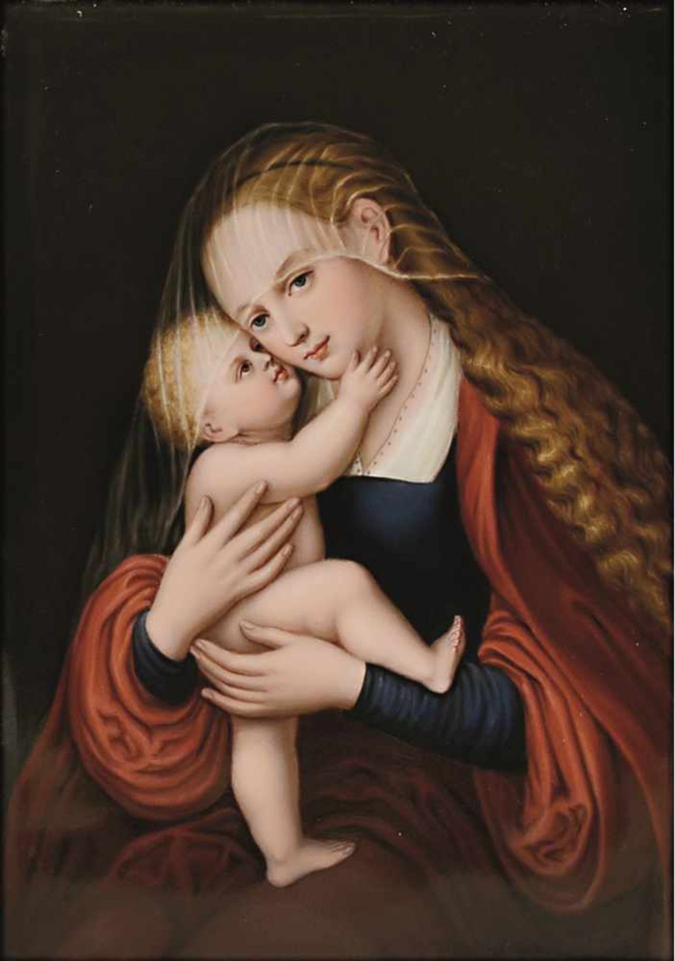Porzellanbild: Maria Hilf 19. Jh. Nach dem Gemälde von Lucas Cranach in Innsbruck. Pressnummer "E