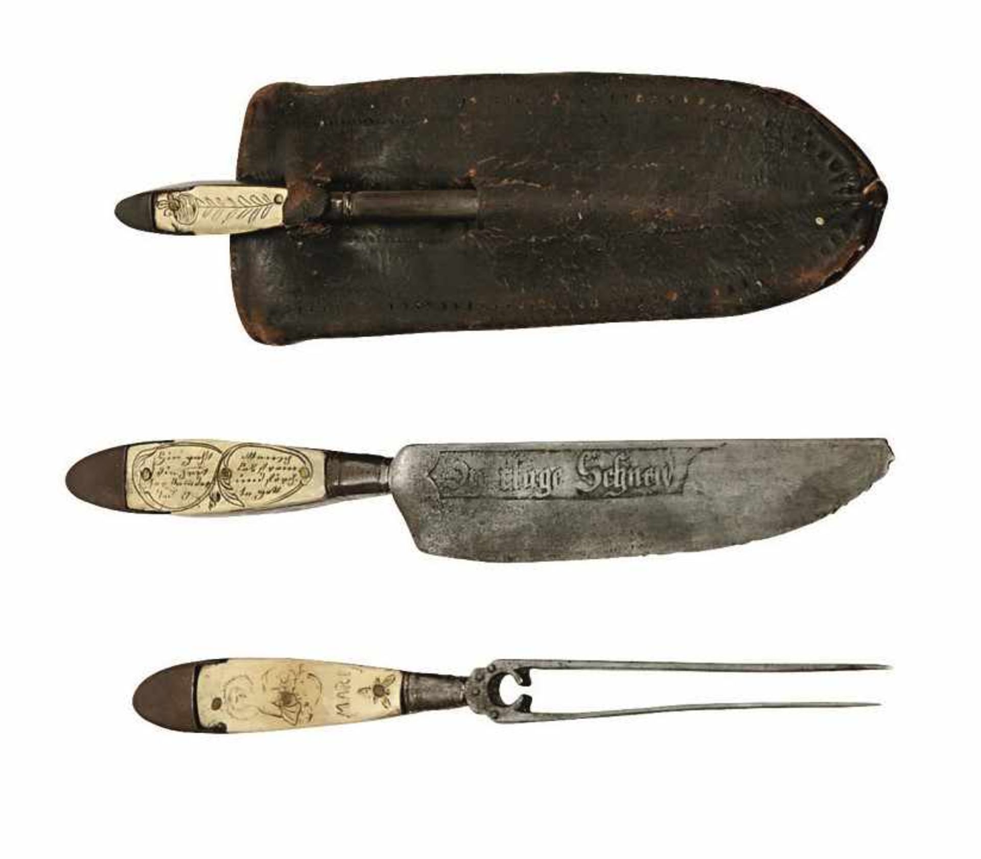 Fuhrmannsbesteck, 3tlg. Datiert 1741 Messer, zweizinkige Gabel und Pfriem aus Eisen, die