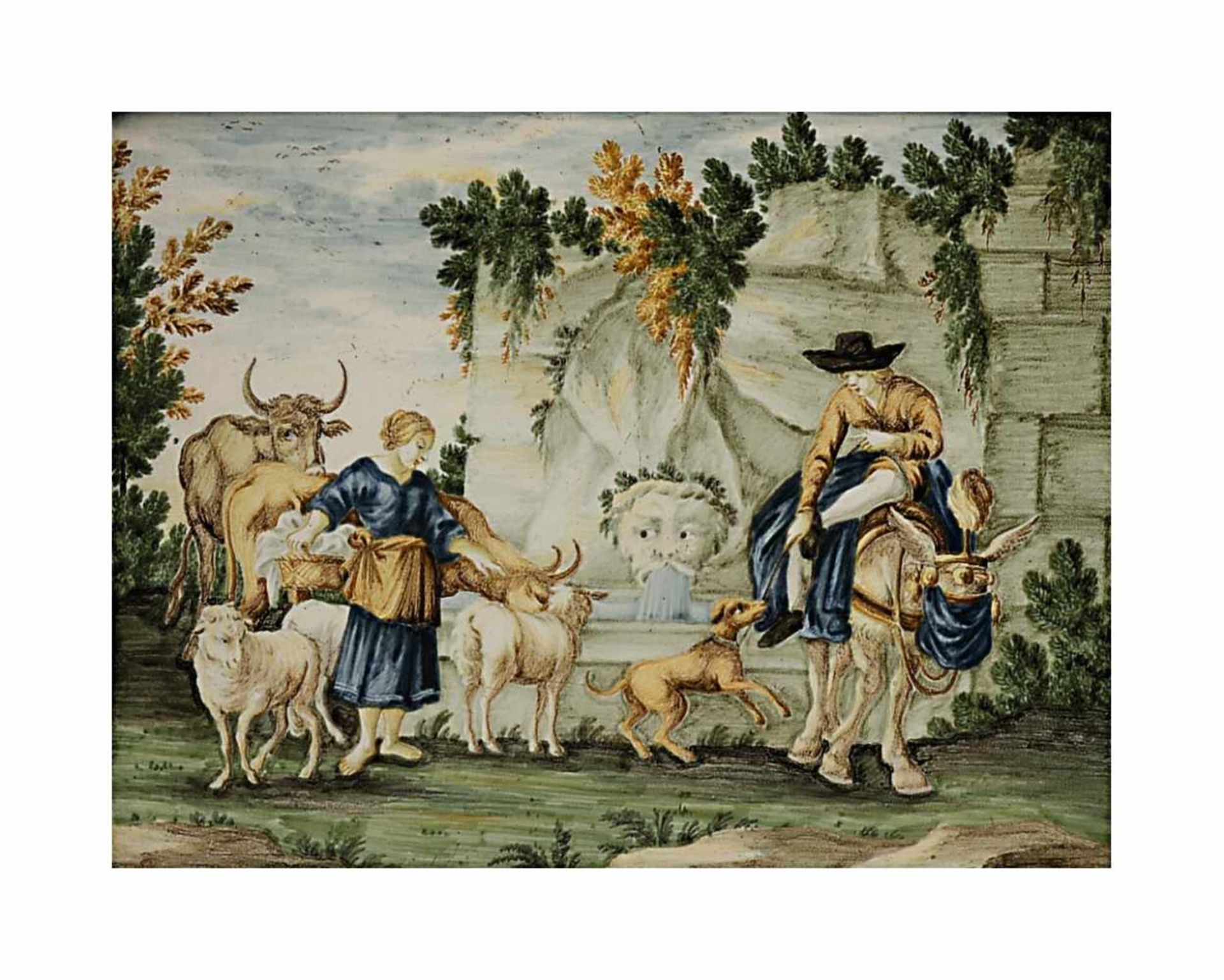 Bildplatte: Hirten mit Vieh am Brunnen Castelli, wohl 19. Jh. Majolika mit polychromer Bemalung.